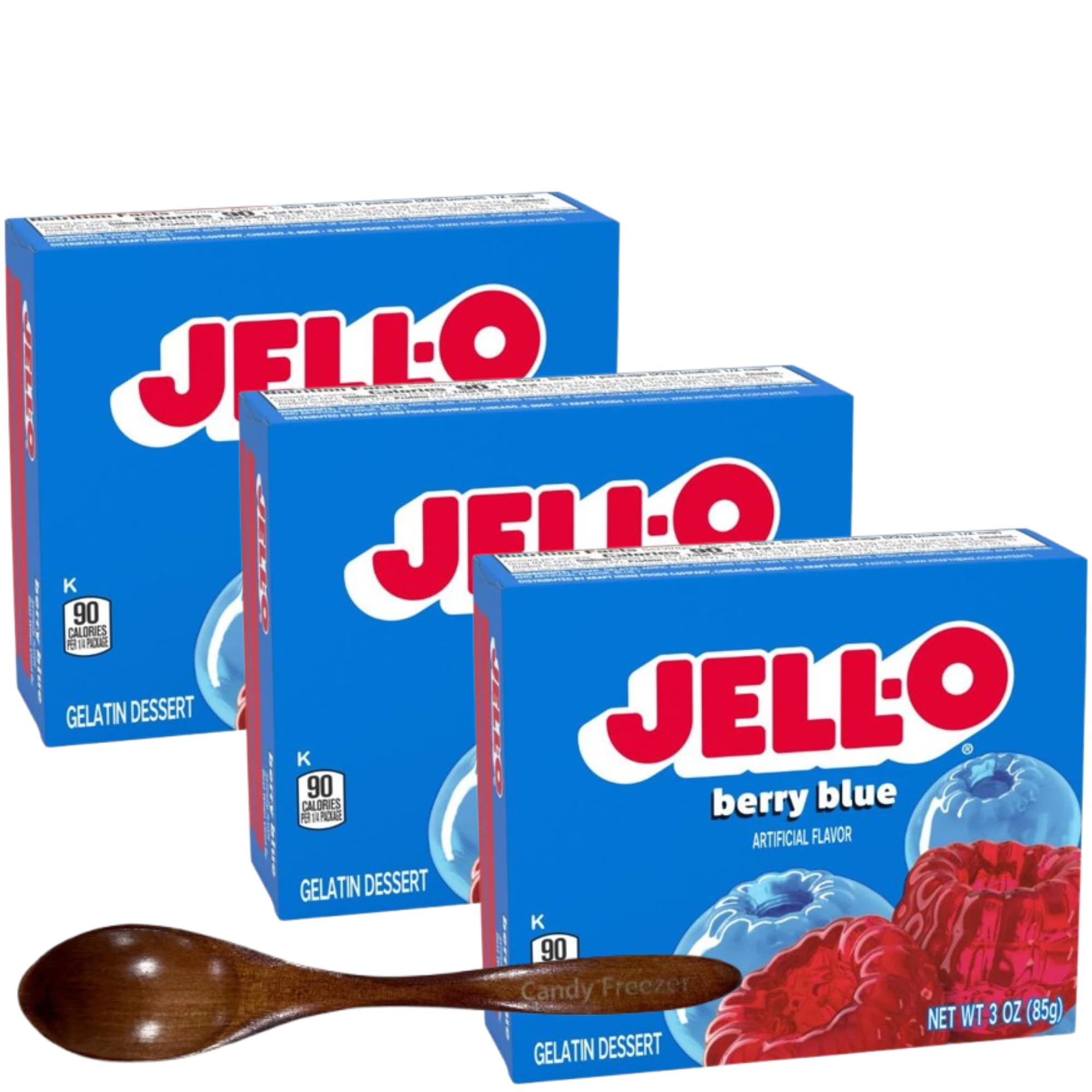 Gelatin Dessert Mix - 3 oz Boxes (Pack of 3) - With Candy Freezer Wooden Spoon (Berry Blue) - Wooden Spoon