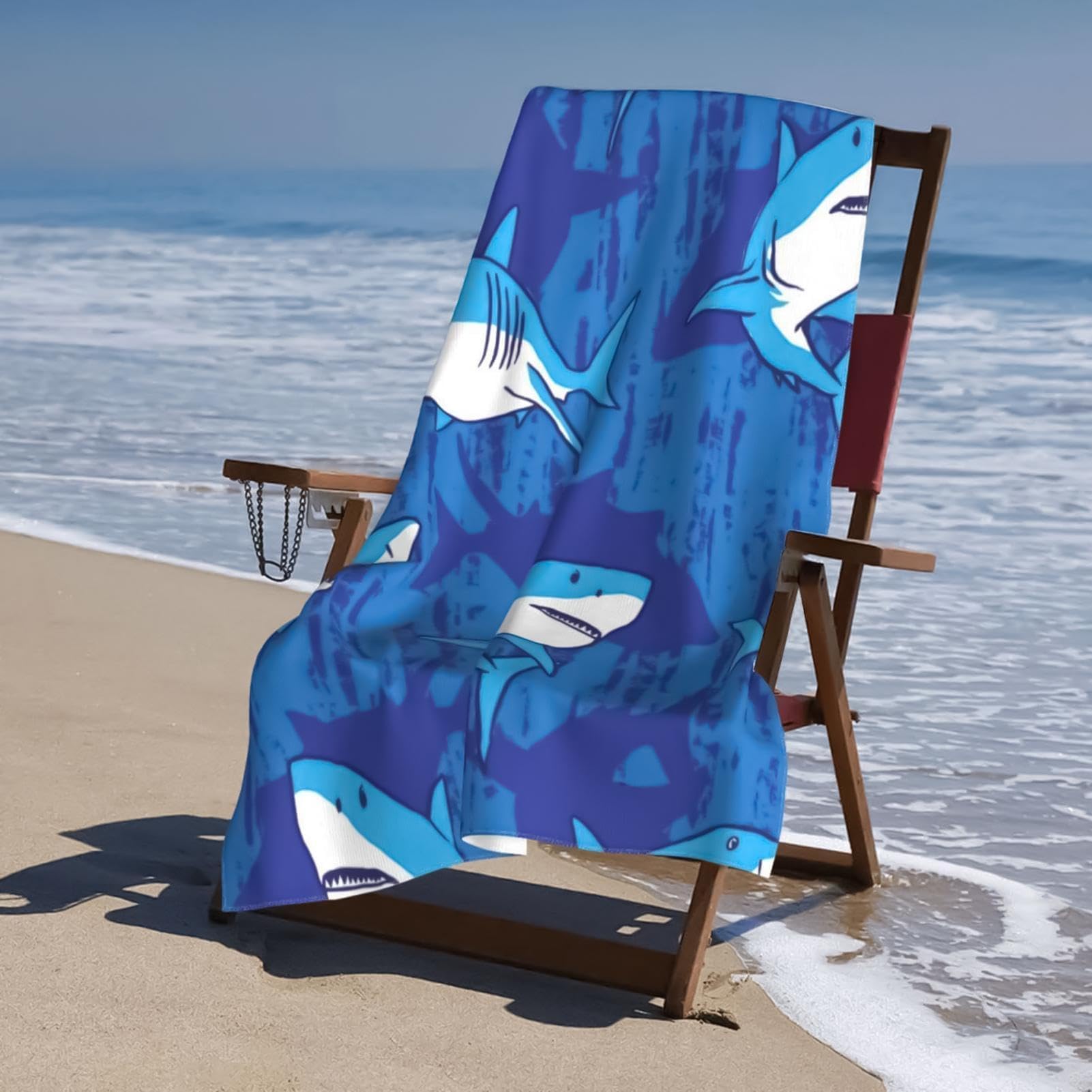 Toalla de playa de microfibra, grande, ligera, con patrón de tiburón, de secado rápido, para natación, gimnasio, viajes, piscina, yoga, deportes, baño, crucero, vacaciones, arena, mochila