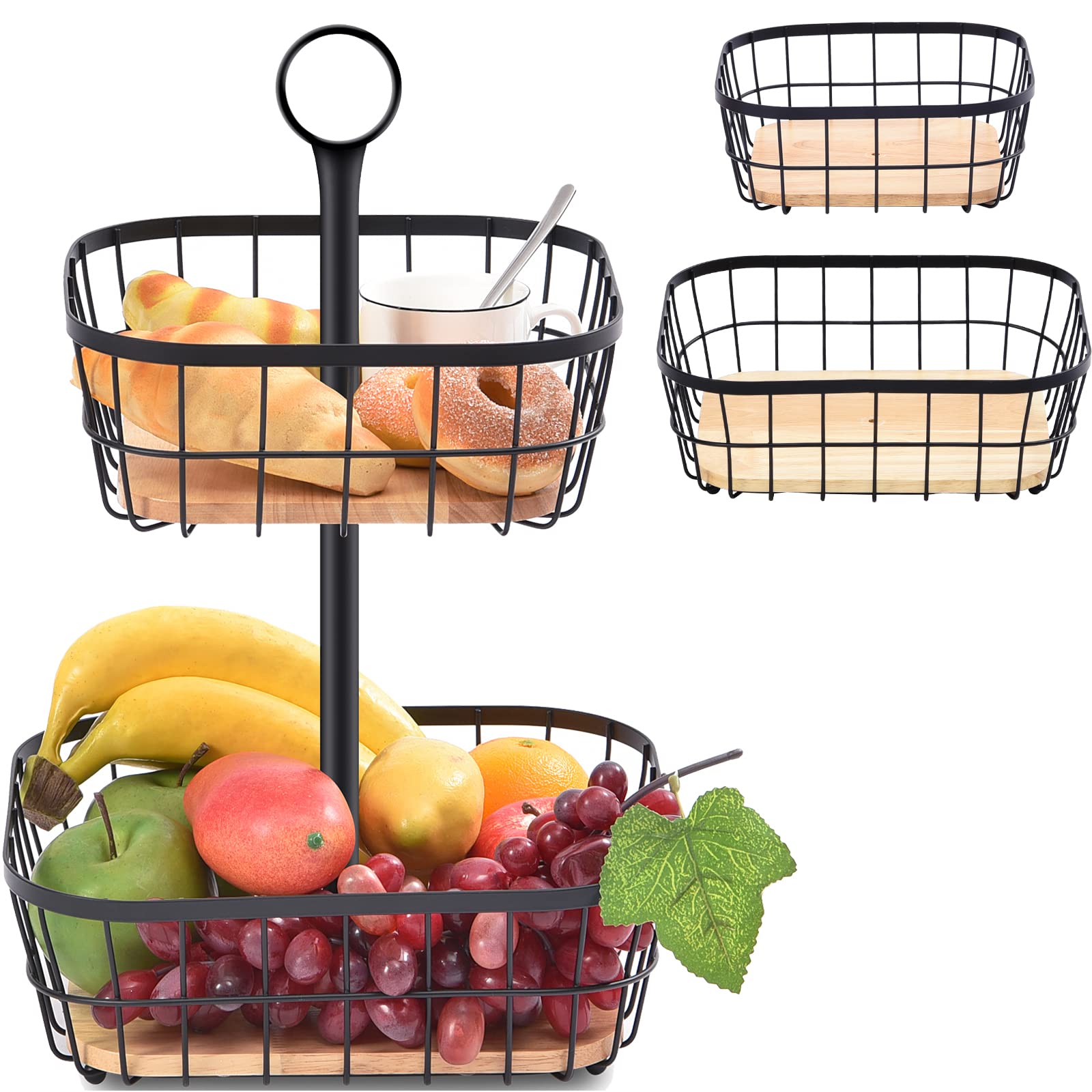 KINGRACK 2-Tier Fruit Basket Bowl, Fruit Rack Storage for Kitchen Countertop, Fruits Stand with Wooden Trays, Detachable Metal Vegetable Storage Holder, Black