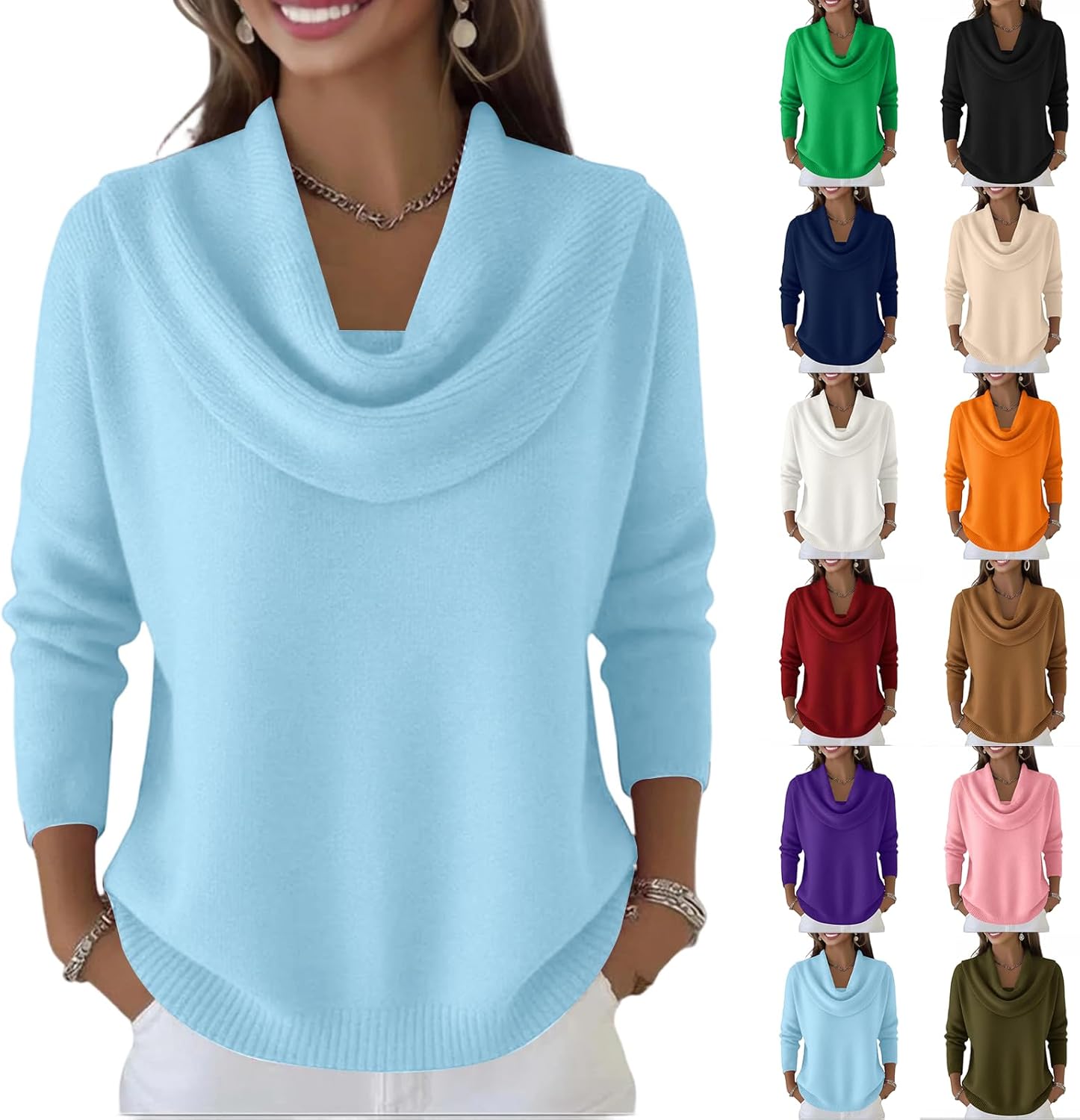 Cowl Neck Sweater for Women Long Sleeve Knit Dressy Casual Loose Cute Sweaters Trendy Vintage Warm Soft Cozy Sweaters