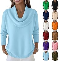 Women's Cowl Neck Long Sleeve Knit Sweater - Loose Casual Cozy Warm Vintage Style Pullover