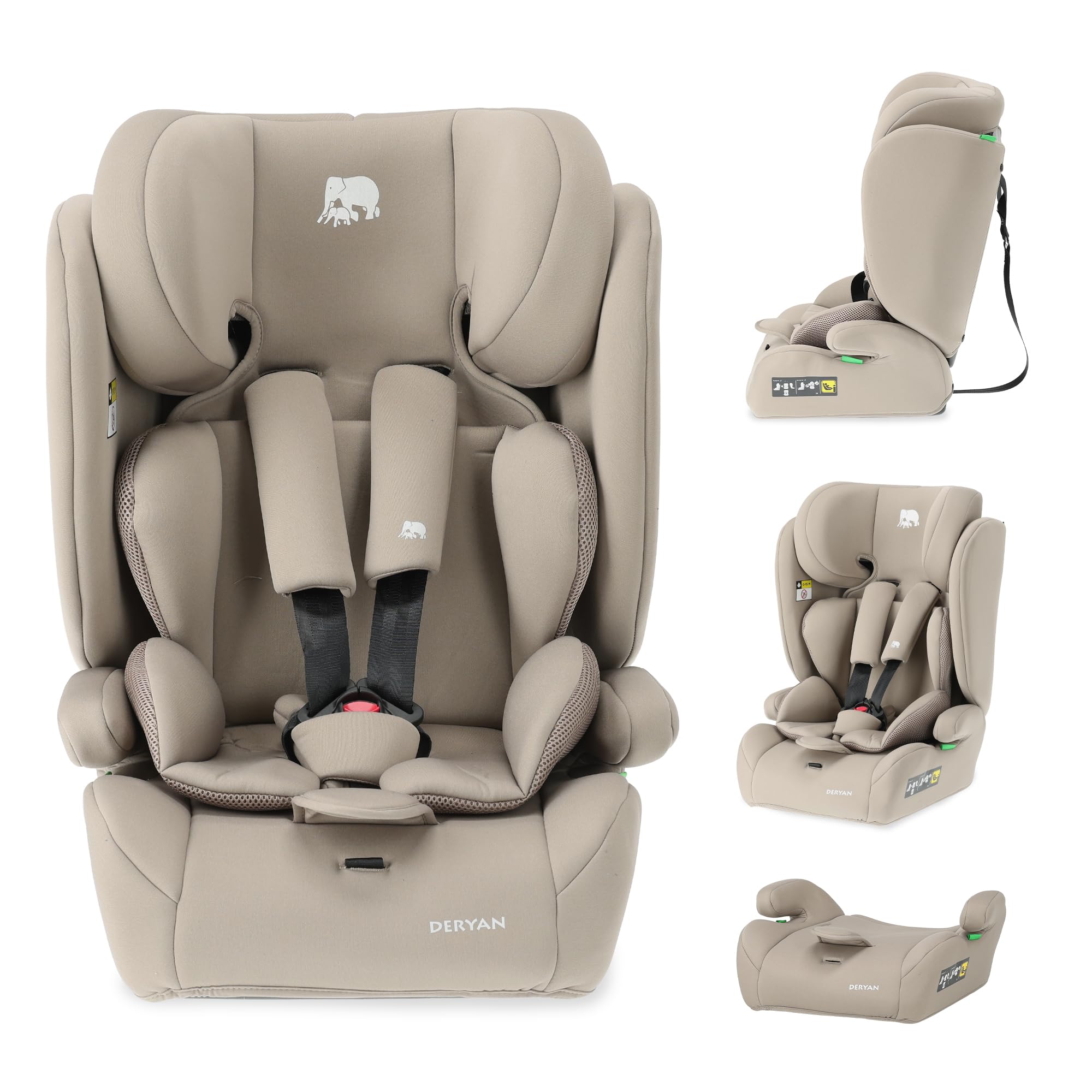 Deryan Carter i-Size Child Seat 75-150 cm, Child Car Seat, Group 1/2/3, 9-36 kg, 1.5 to 12 Years, with Belt Attachment, Side Impact Protection, Adjustable Headrest (Nougat, Without ISOFIX)