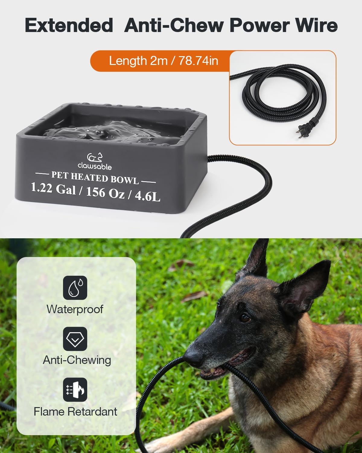 Clawsable Large Heated Dog Bowl for Outdoor Dogs Cats, Heated Water Pet Dish with 78.4" Chewproof Cord, Water Thermal-Bowl for Rabbit, Chicken, Squirrel (Gray, 155Oz)