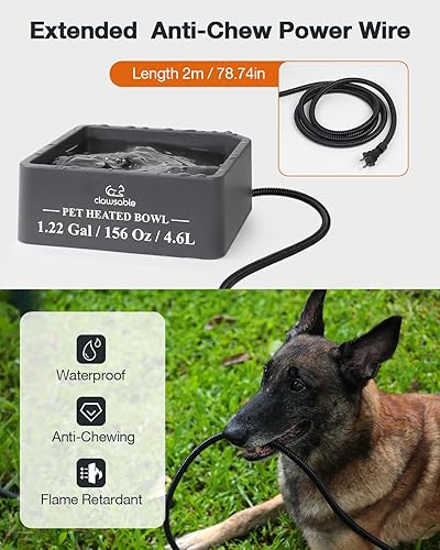 Miniatura 3 de Clawsable Cuenco grande con calefacción para perros y gatos al aire libre, plato de agua caliente para mascotas con cable a prueba de masticación de