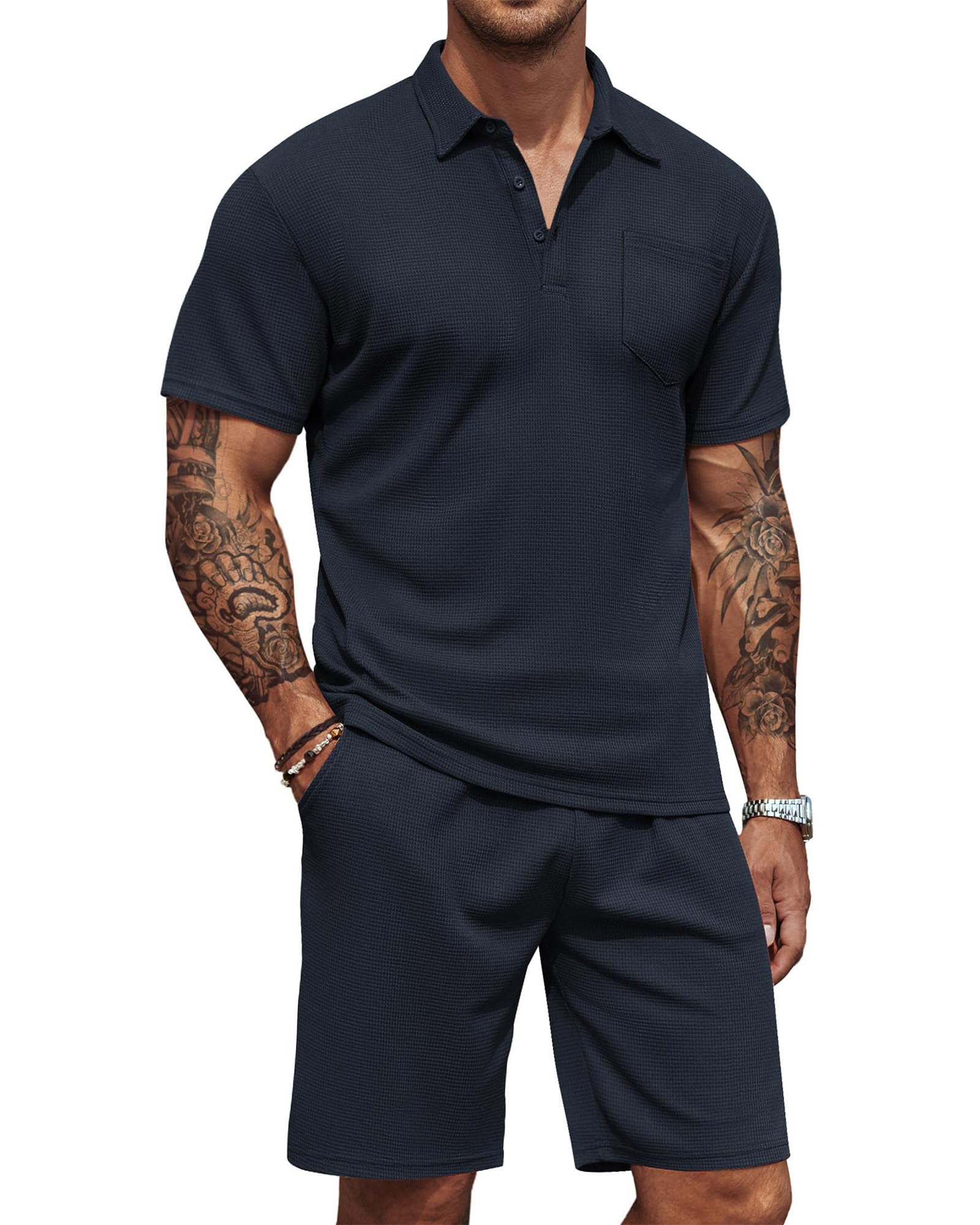 Conjunto Hombre Verano 2 Piezas Conjunto Slim Fit Polo y Pantalones Cortos Negocios Chándal de Ocio con Bolsillos