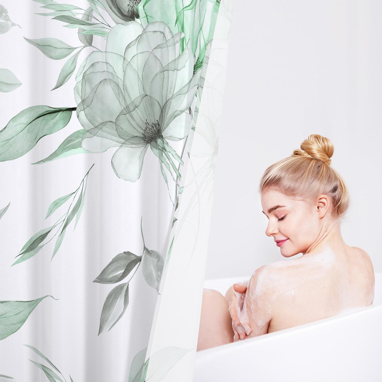 Litabel Green and Grey Boho Watercolor Floral Shower Curtain, Ink Painting Style Farmhouse Flower & Leaf Shower Curtains for Chic Rustic Bathroom, Artistic Fabric Cloth Shower Curtain, 72x72