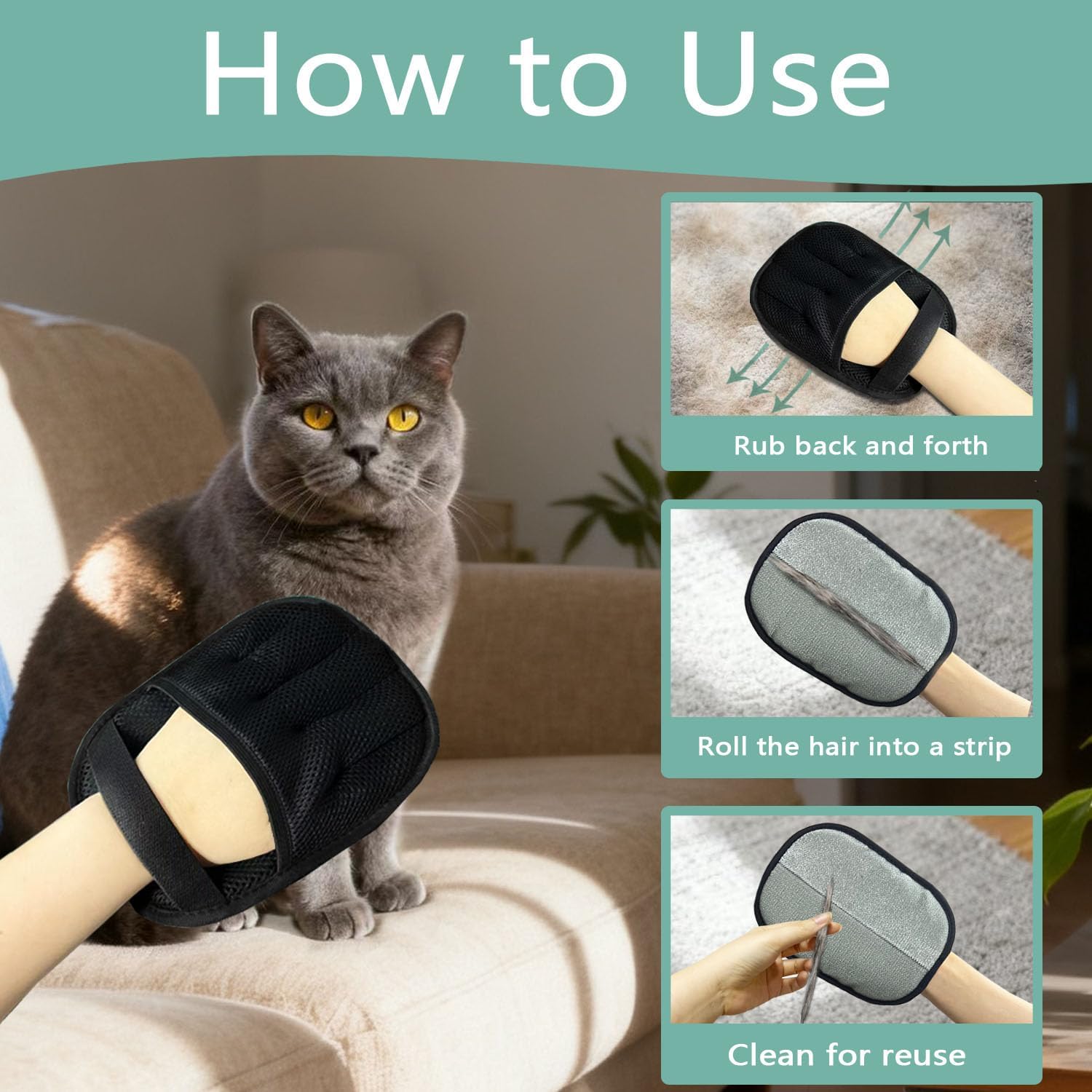 2-Pack Reusable Electrostatic Pet Hair Remover Gloves for Furniture, Carpets, Car Interiors & Auto Upholstery.