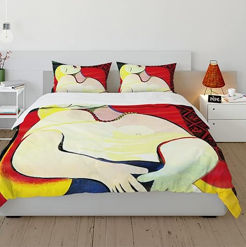 Picassos Lazy Woman - Juego de funda de edredón de 3 piezas, suave y transpirable, funda de edredón con lazos de esquina y cierre de cremallera (1