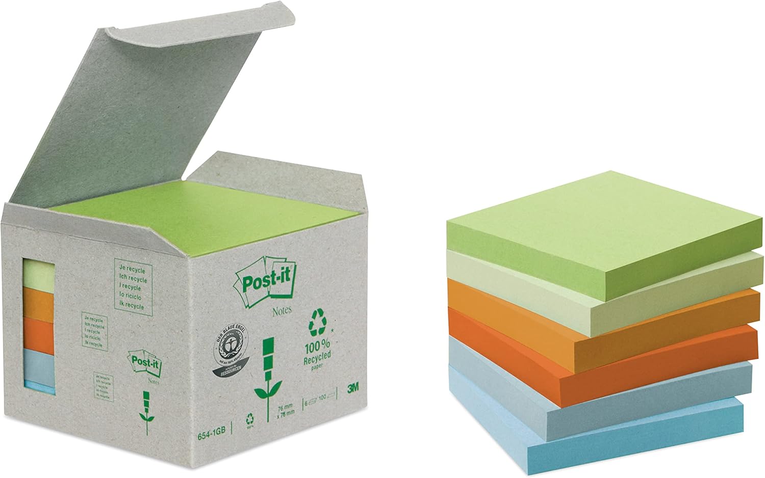 Post-it Recycling Notes Canary Yellow, Pack of 6 Pads, 100 Sheets per Pad, 76 mm x 76 mm, Yellow Color - Self-Stick Notes Made from 100% Recycled Paper