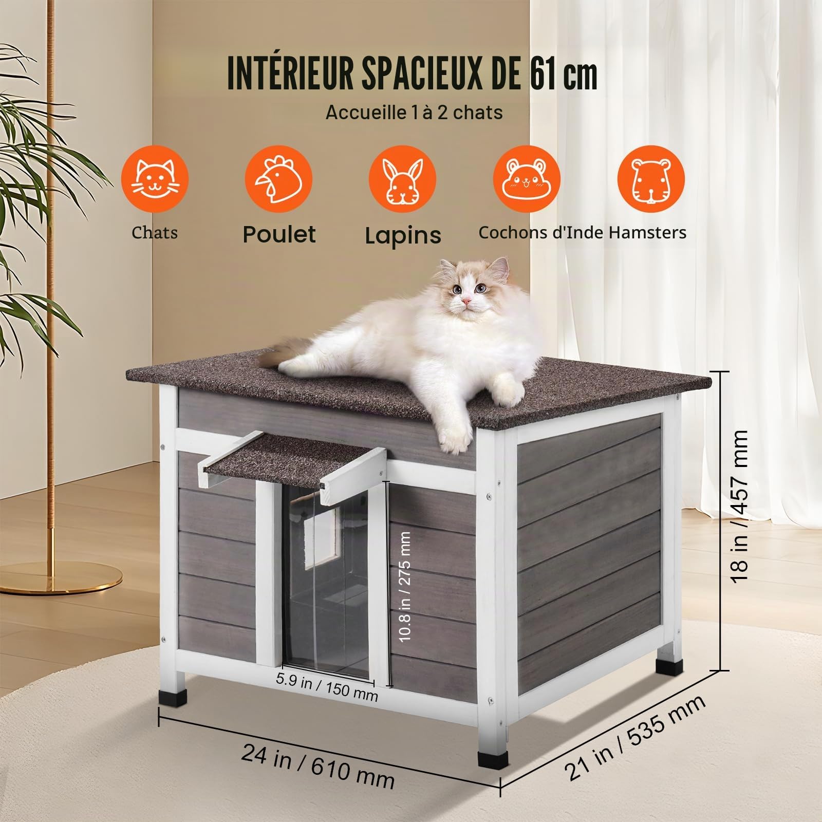 VEVOR Maison pour Chat d'Extérieur, 600x530x465 mm, Niche pour Chats en Bois, Résistante aux Intempéries, avec Fenêtre, Toit Ouvert, Porte à Rabat en PVC, Cabane Abri pour Plusieurs Chats Sauvages