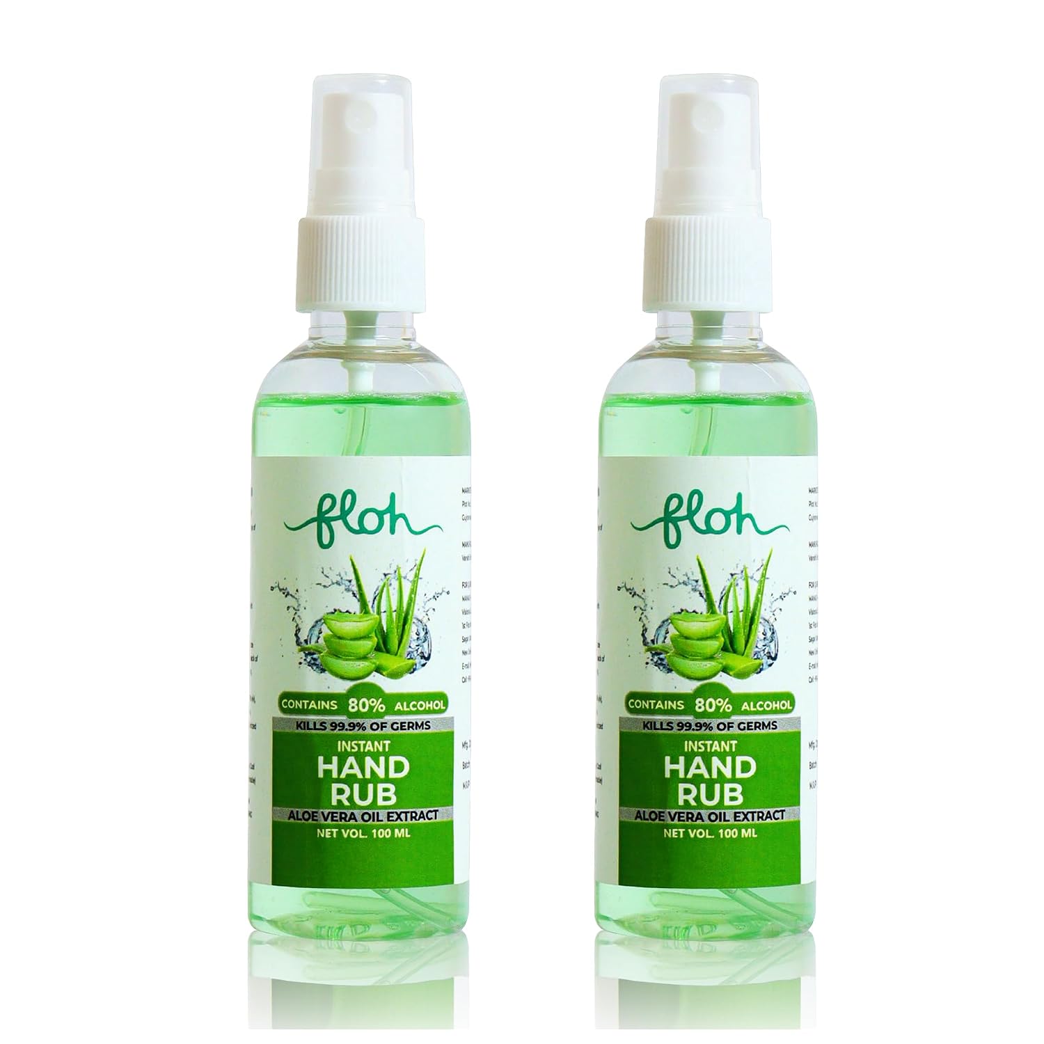 Floh Instant Hand Rub with Aloe Vera Oil Extract | 80% Alcohol Hand Sanitizer Spray | Kills 99.9% of Germs | Quick Dry Non Sticky Formula | No Water Needed | Travel Friendly 100 ml (Pack of 2)