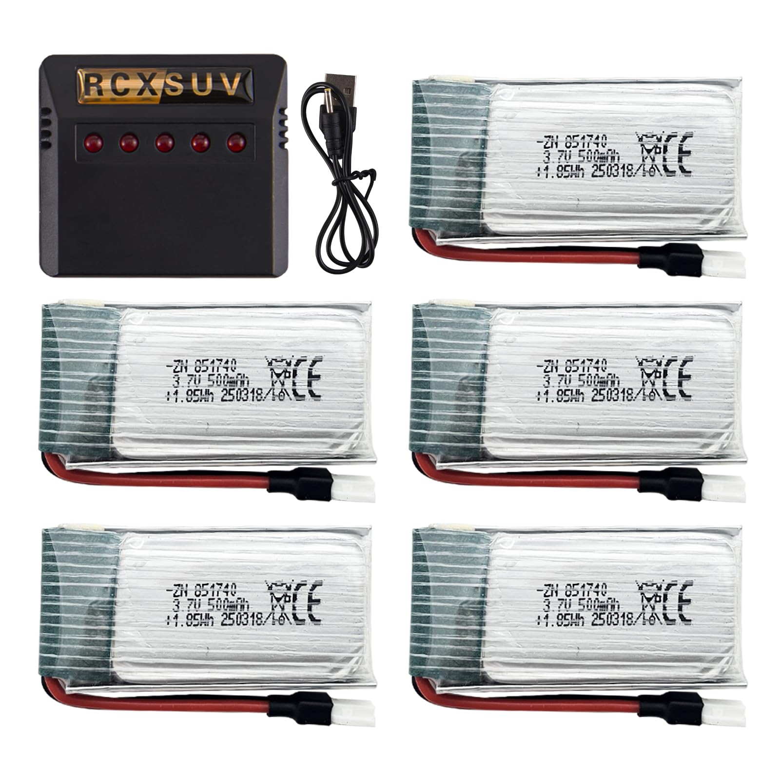 5Pcs 3.7V 500mAh LiPo Batteries with 5-in-1 USB Charger, Rechargeable RC Battery Pack for 2.4G RC Plane/Drones/Quadcopters/Mini RC Toys, Compact Lightweight Spare Power Supply