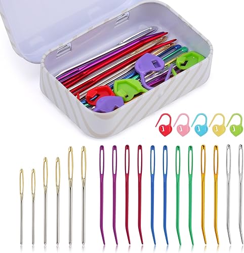 Kit de 24 agujas de tapiz dobladas, agujas de hilo, agujas de coser grandes para ojos, agujas de coser a mano de acero inoxidable con agujas romas,
