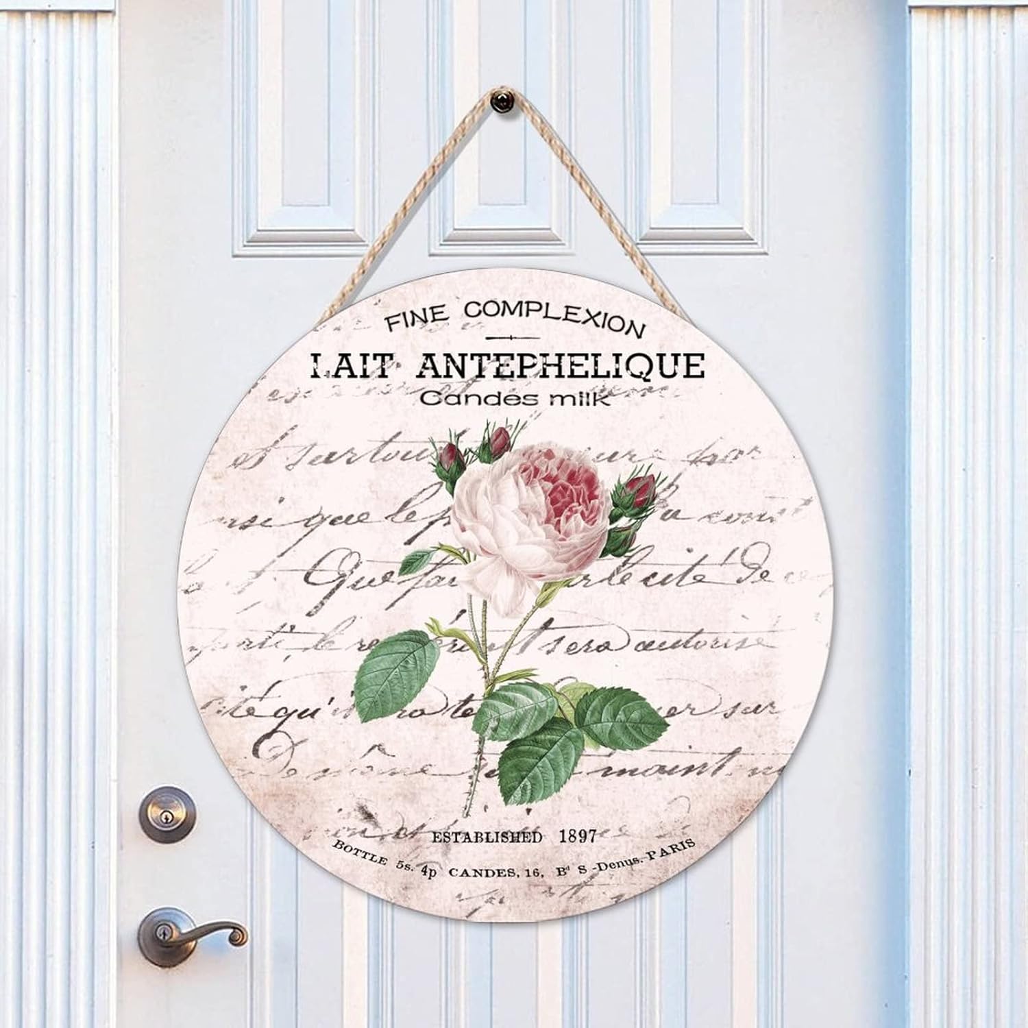 Rustic Round Door Hanger Sign, French Vintage Flower Wood Door Sign, Floral 16x16in Wall Hanging Sign Plaque Farmhouse Backyard Door Hanger Wall Decor Housewarming Gifts