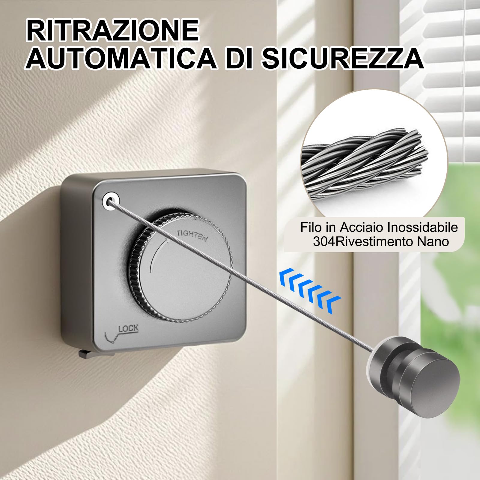LIVEHITOP Stendibiancheria Retrattile, Corda Stendino da Parete Anti-Cedimento Acciaio Inossidabile Filo per Bucato 4.6M Regolabile Interni Esterno (Grigio)