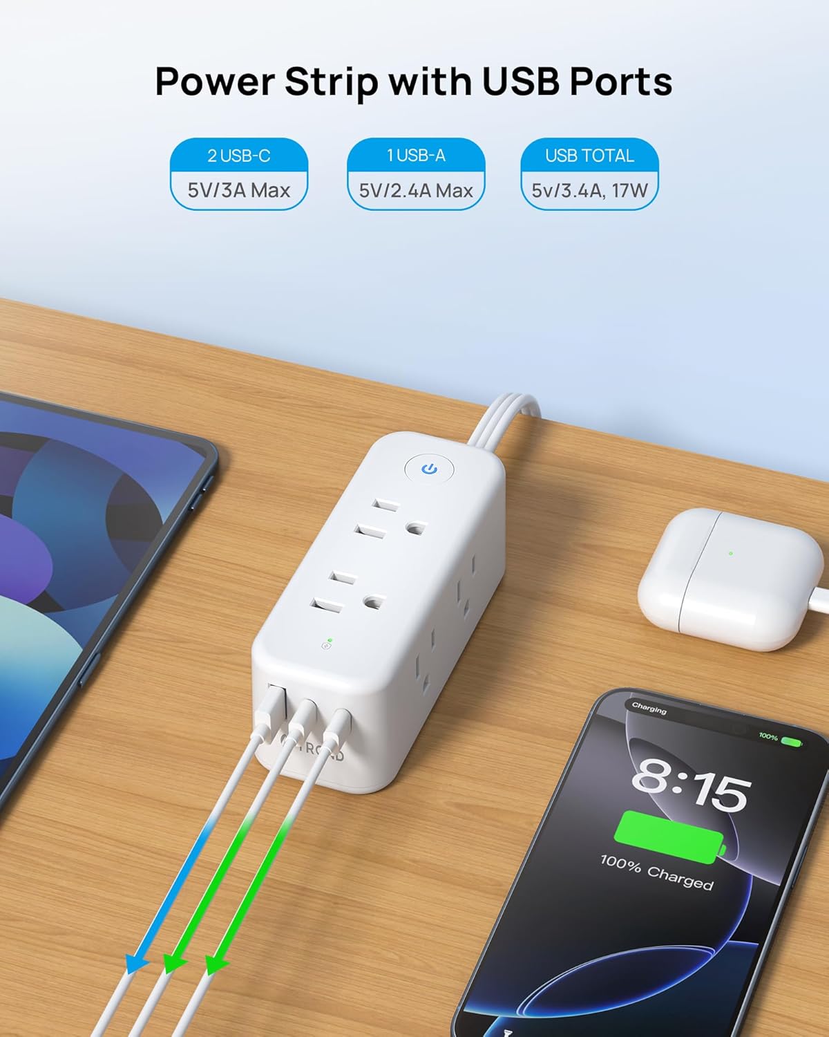 TROND Power Strip with 360 Rotating Plug, 10ft Flat Extension Cord with 2 USB C and 1 USB A, 6 Widely Spaced Outlets, 1440J Surge Protector, Surge Protector Power Strip for Home Travel Office, White