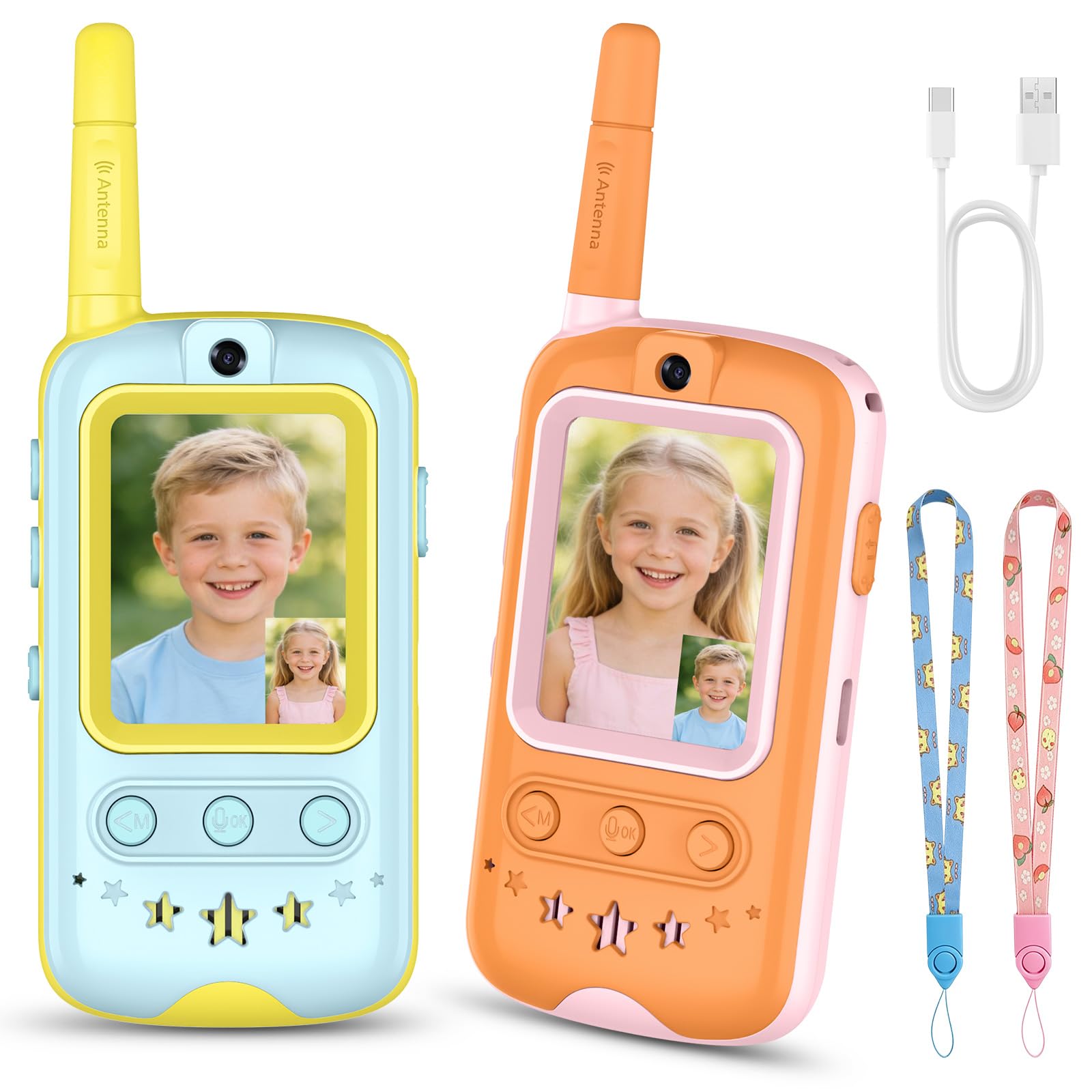 Walkie Talkie Bambini, Radioline Walkie Talkie con Videocamera HD e Cambia Voce, Gioco Interattivo, Regalo Ragazzi e Walkie Talkie per Bambine (Giallo + Arancione)
