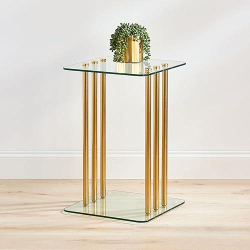 Miniatura 5 de mDesign Mesa auxiliar cuadrada con parte superior de vidrio, moderna mesita de noche decorativa de metal para dormitorio, sala de estar, oficina en