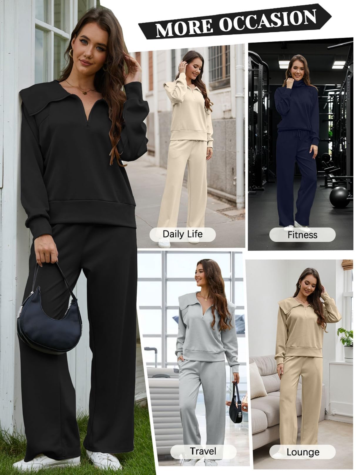Ensemble Survêtements 2 Pièces Femme Ensemble Jogging Manche Longue Chaud Survêtement de Sport Automne Hiver Sweat Revers et Détente Pantalon Large Suit Demi Fermeture Éclair Loungewear Tenue