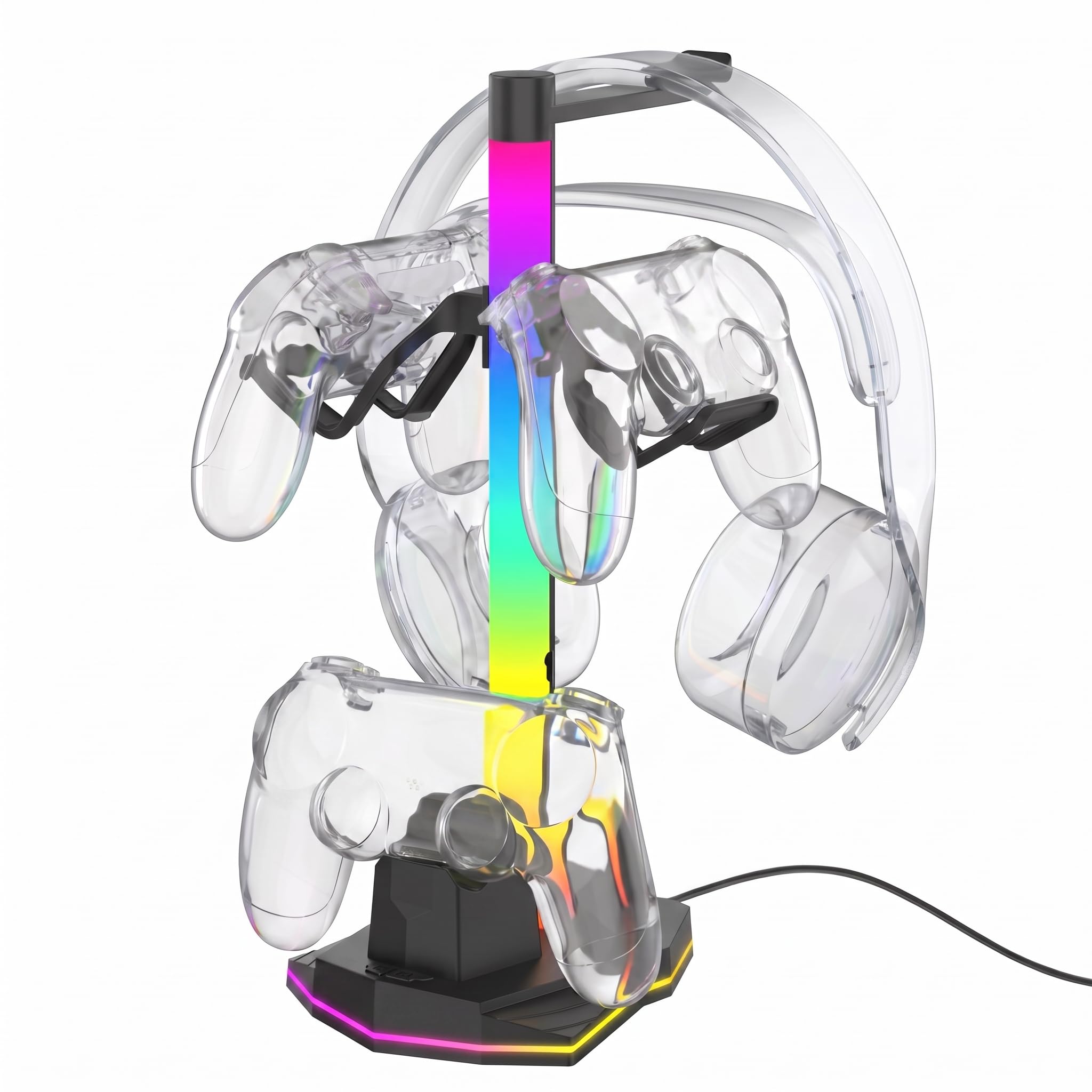 Supporto di Ricarica per Controller di Gioco 3 in 1, Supporto per Cuffie RGB con 2 Porte USB 2.0 e 1 Porta USB C, 4 modalità di Illuminazione, Gancio per Auricolari per Riporre