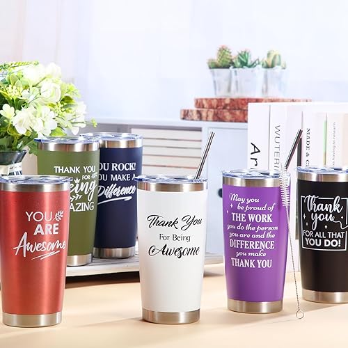 Miniatura 10 de Mifoci Juego de 6 vasos de viaje aislados de acero inoxidable de 20 onzas con tapa, cepillo para pajilla, regalos de agradecimiento para empleados,