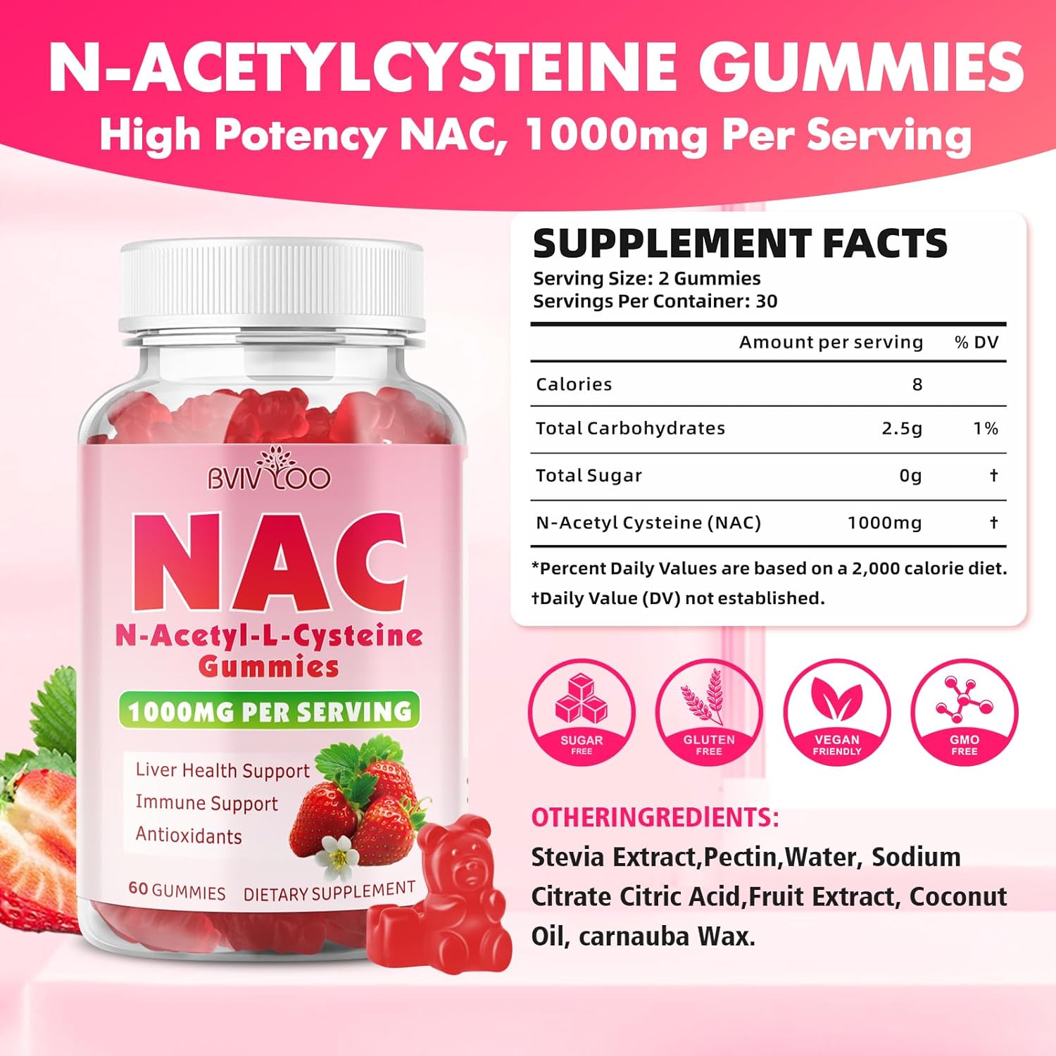2 Pack Sugar-Free 1000mg NAC Gummies, N-Acetyl Cysteine Supplement for Antioxidants & Immune Support, 120 Vegan Gummies