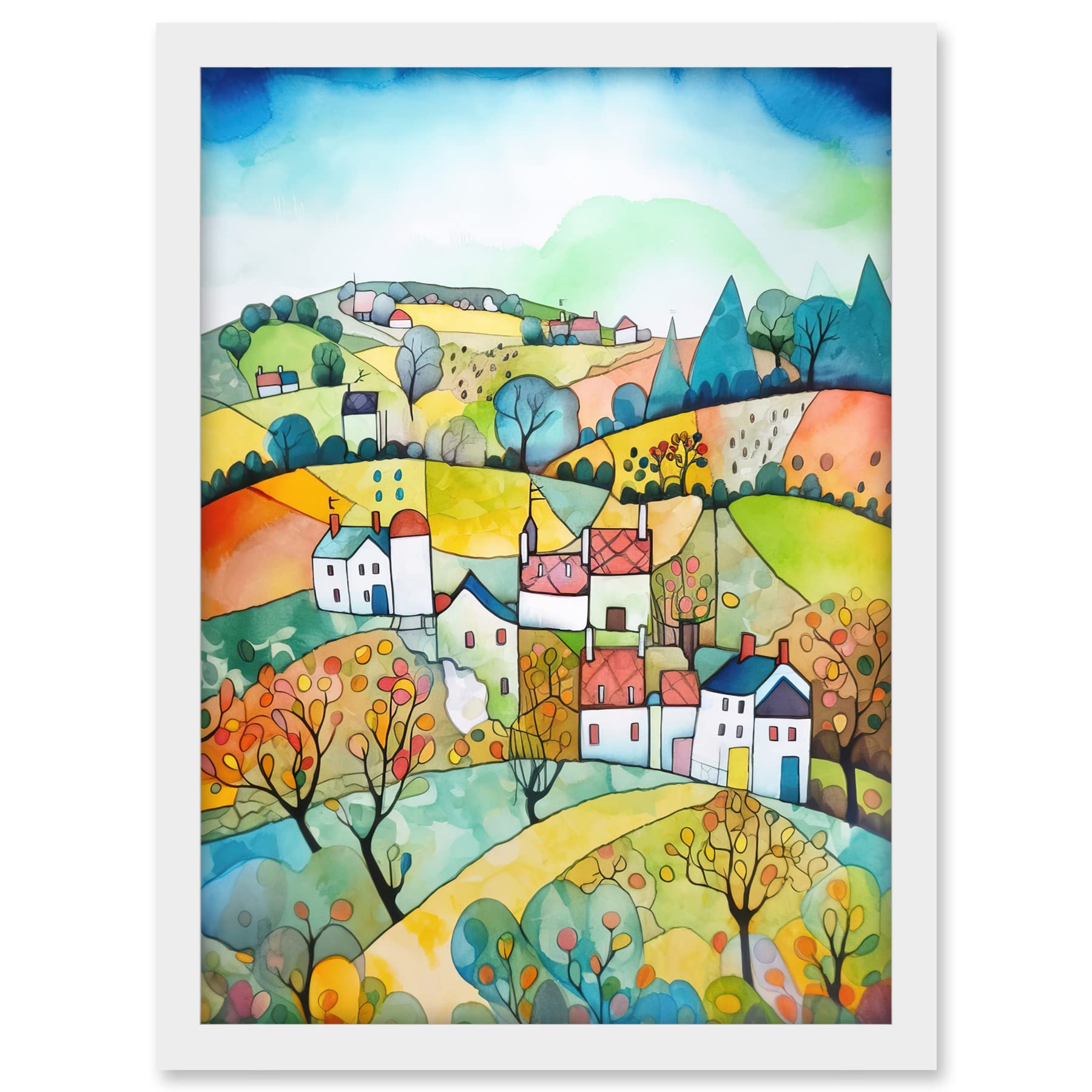 Artery8 English Country Rural Landscape Folk Art Watercolour Painting Artwork Framed A3 Wall Art Print