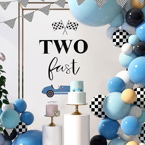 Vista 4 de Letrero adhesivo de dos cumpleaños rápidos para telón de fondo, decoraciones de cumpleaños, decoraciones de fiesta de coche de carreras para pared