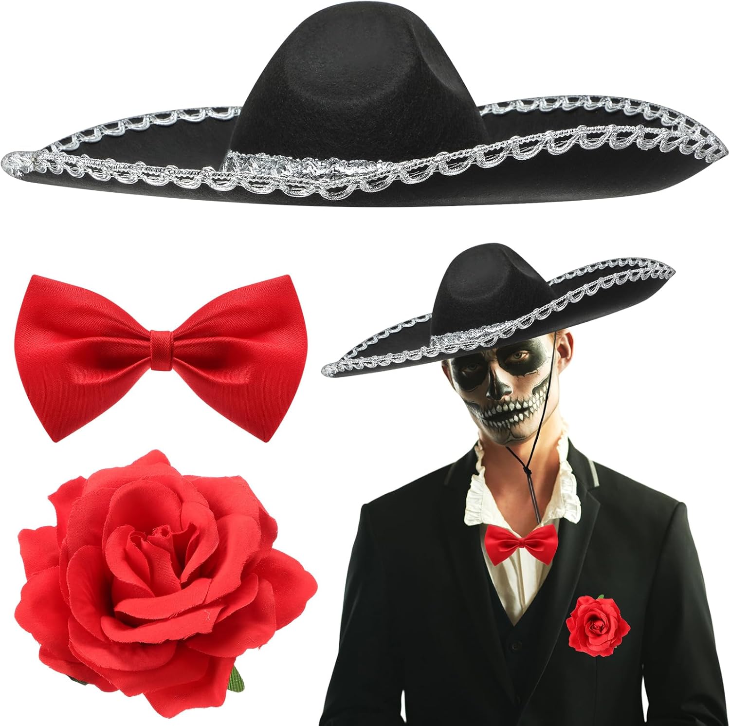 JenPen 3 Pcs Halloween Day of the Dead Mariachi Senor Adult Costume Accessory Silver Trim Black Sombrero, Bow Tie, Rose Decor