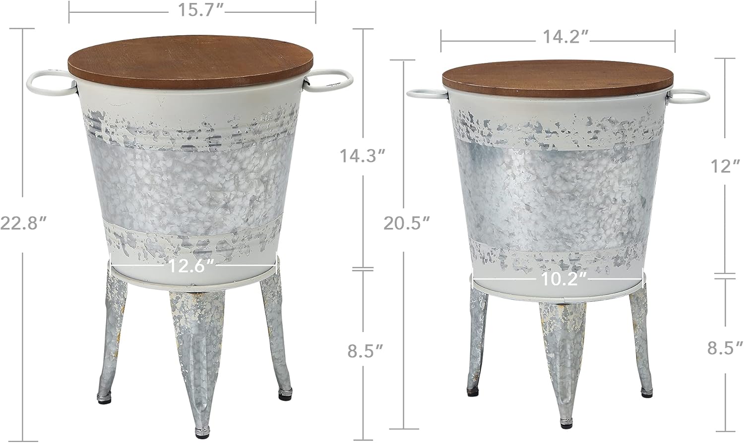 RUSTOWN Farmhouse Accent End Table, Rustic Antique Galvanized Side Coffee or Cocktail Table, Storage Metal Bin with Round Wood Lid Set of 2 (Distressed White)