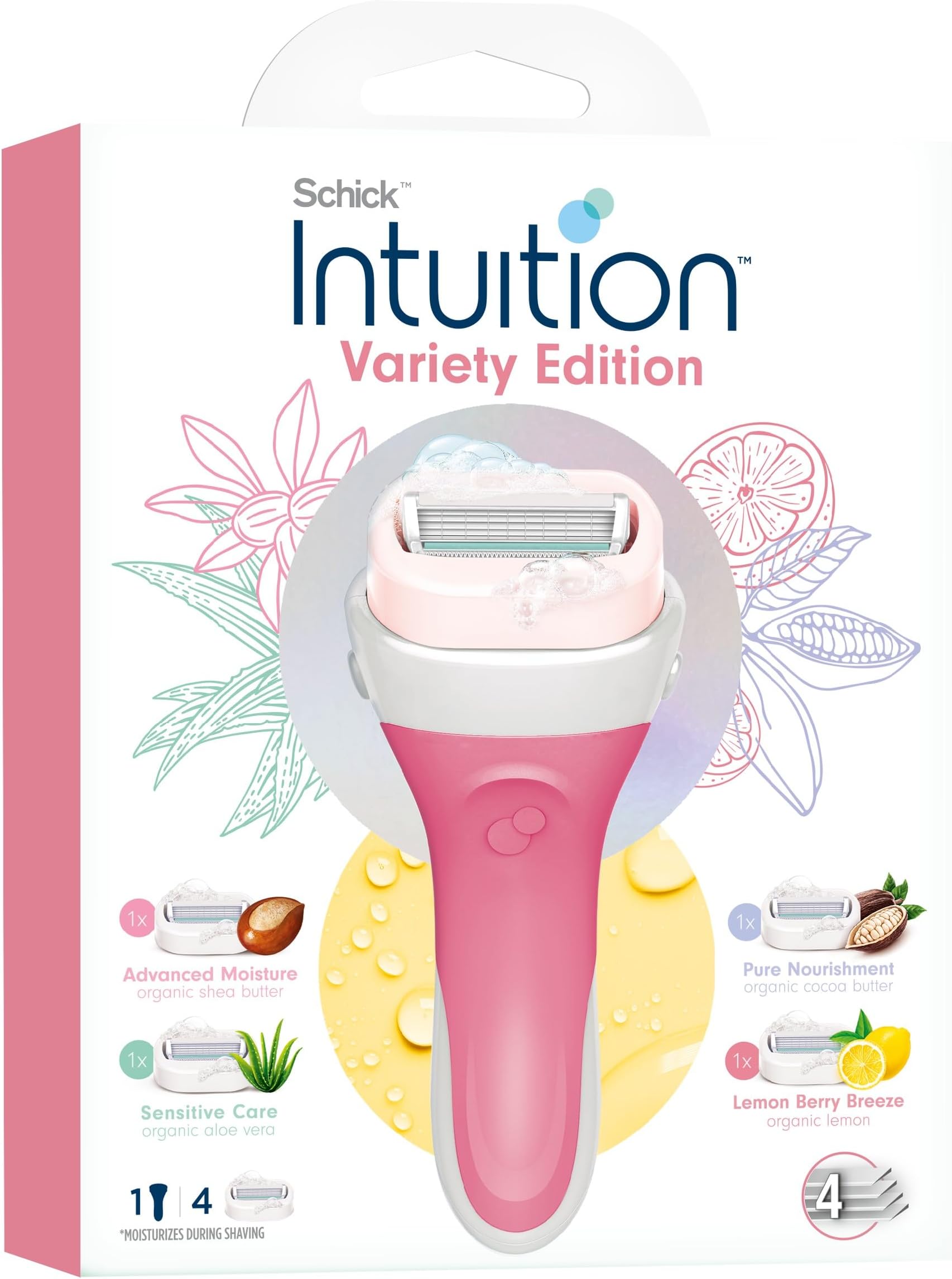 INTUITION Kit 4 Value Pack Razor for Women,2 in 1 Lathers & Shaves in one Step,Include 1 handle & 4 refills,Organic Aloe+ Vitamin E, Shea Butter,Coconut milk & Almond milk,.Pomegranate Extract
