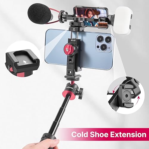 Miniatura 5 de Soporte de abrazadera para teléfono inteligente con espejo para selfie, zapata fría, micrófonomontaje de luz, cámara inclinable, pantalla abatible,