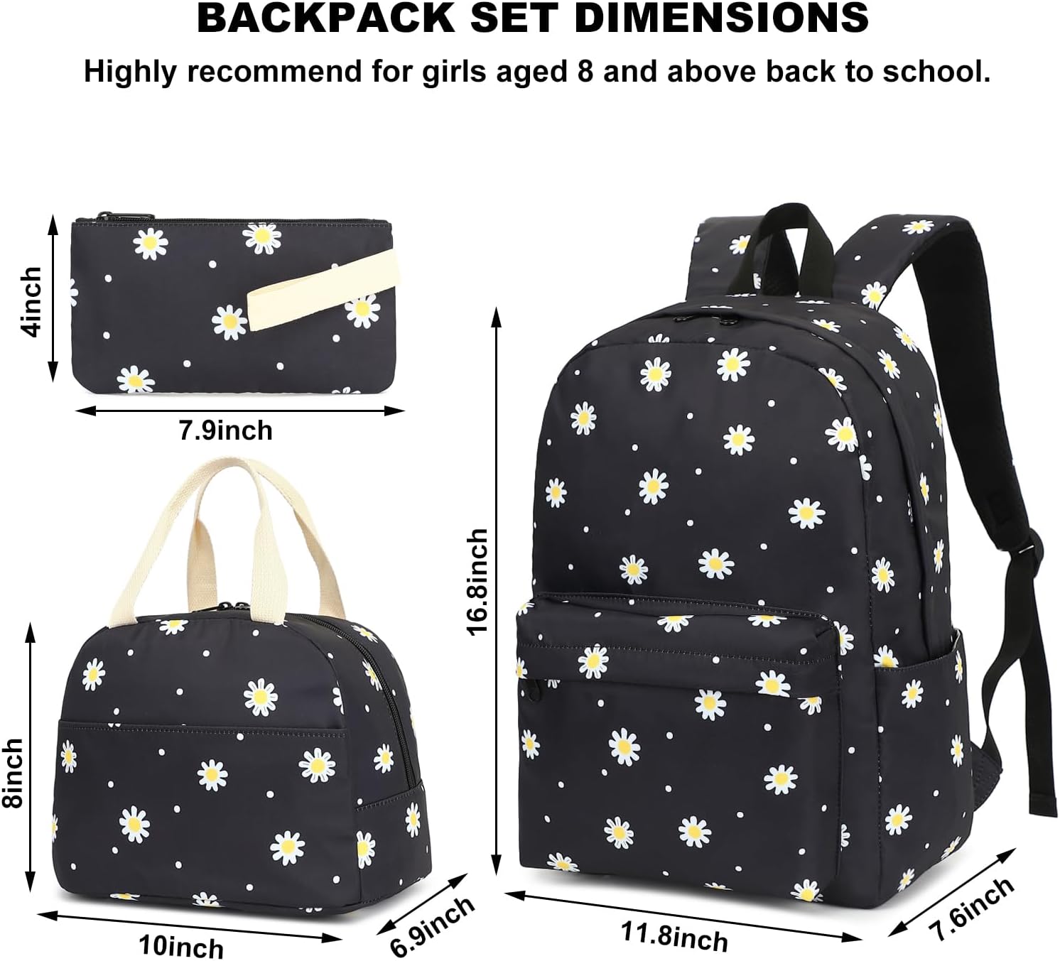 Flowers Girls Backpack for School, Kids Elementary School Bag Teens Middle Bookbag Set with Lunch Box Pencil Case (Daisy Black)