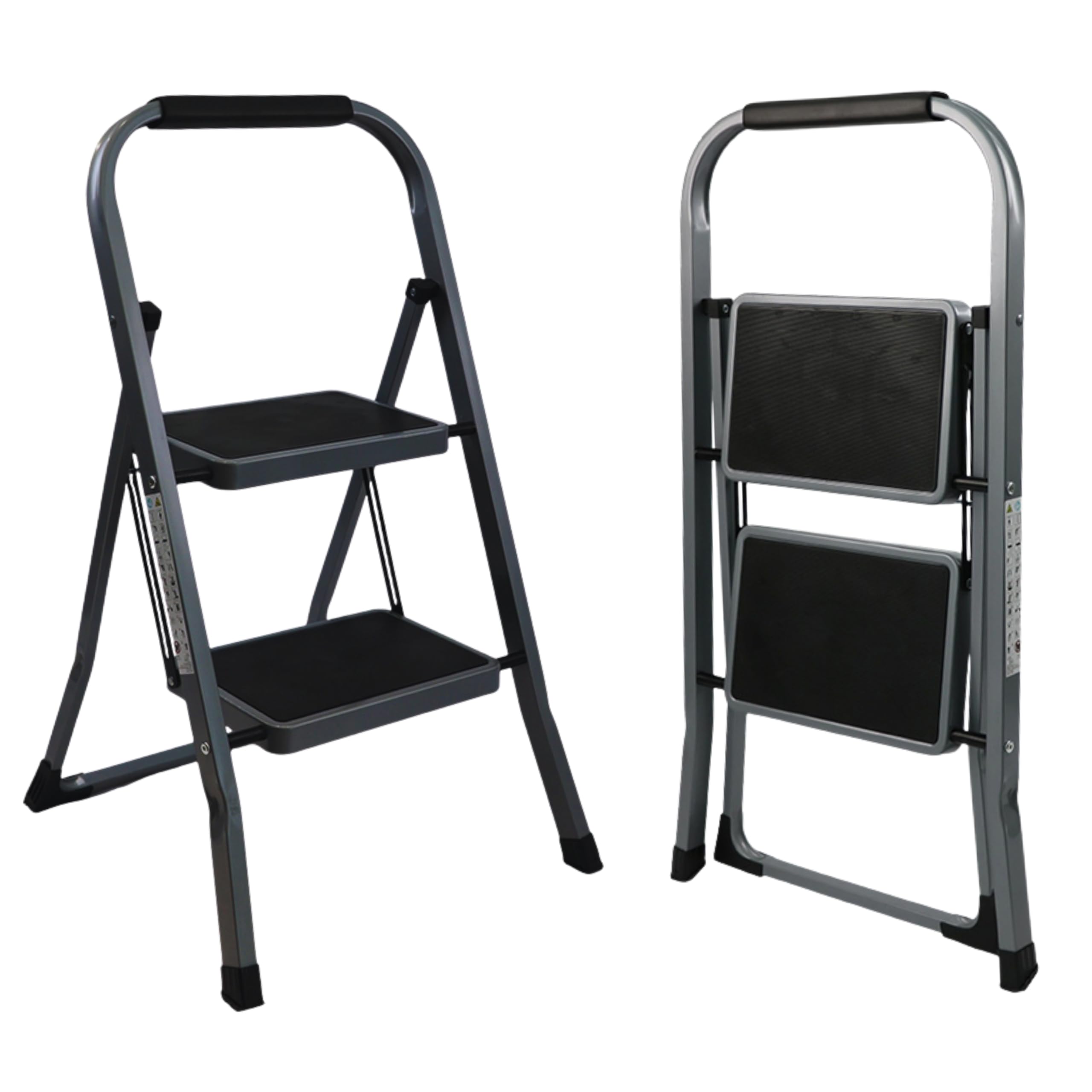 Escalera Plegable de Aluminio para hogar y Cocina, 2 peldaños, Gris, peldaños Anchos Antideslizantes, asa de Agarre cómodo, EN 131