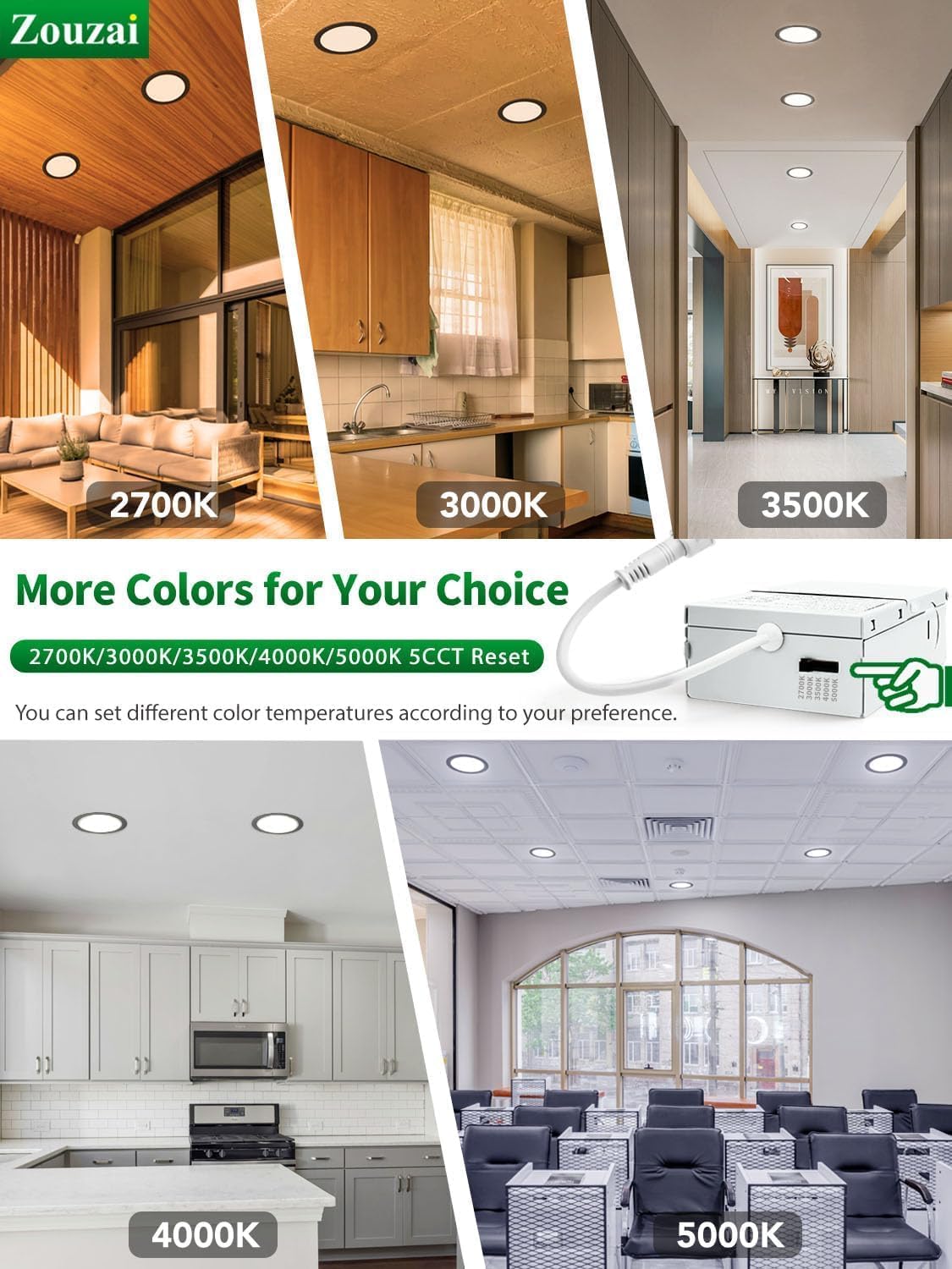 zouzai 1 Pack 8 Inch 1685LM Black 5CCT Ultra-Thin LED Recessed Ceiling Light with Junction Box, 2700K/3000K/3500K/4000K/5000K Selectable, 18W Eqv 150W, Dimmable - ETL and Energy Star Certified