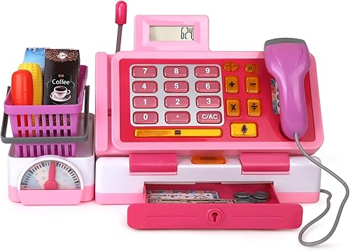 Playkidz Caja registradora interactiva de juguete, color rosa para niñas y niños, sonidos y juego de aprendizaje temprano, incluye dinero para