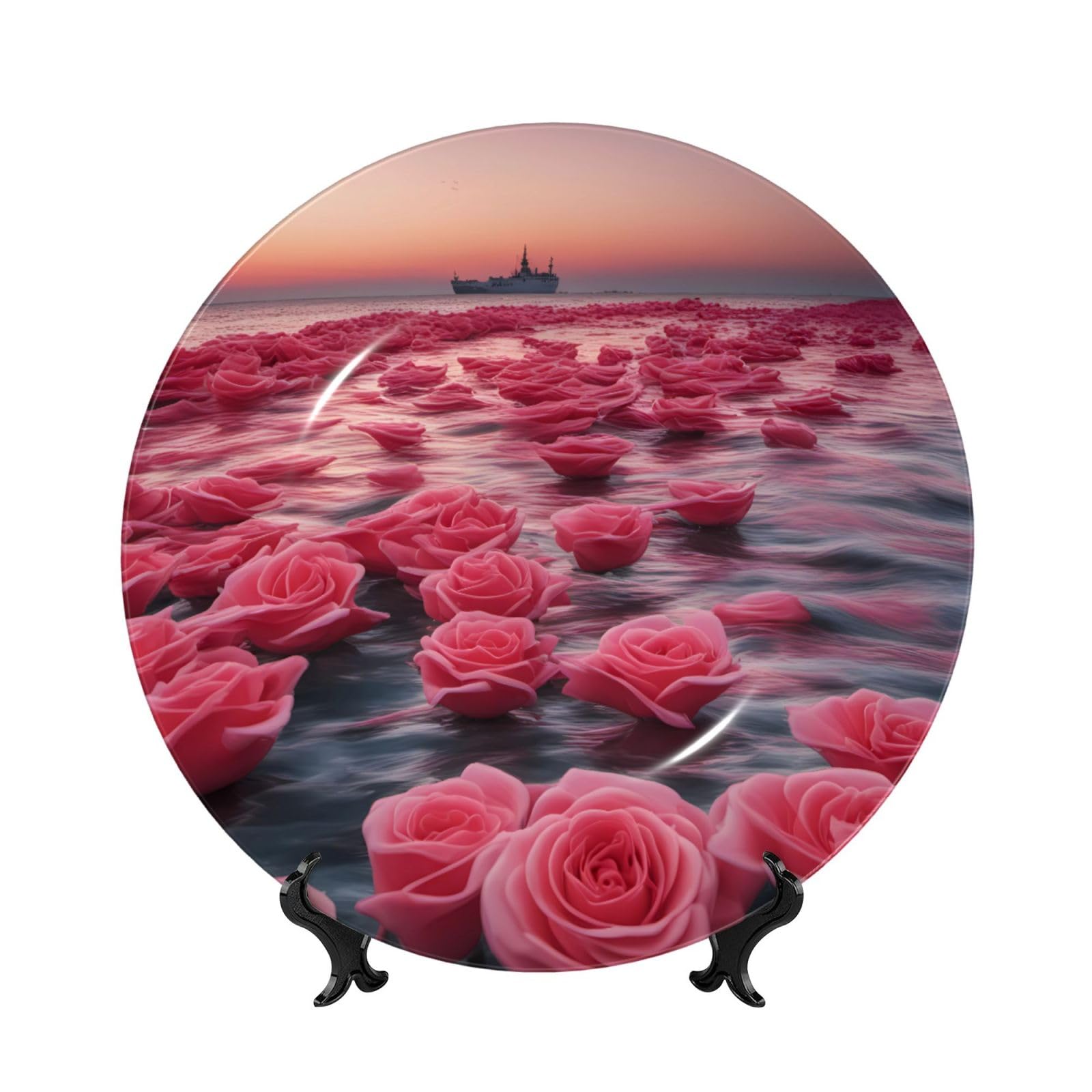 SXZVVBN roses by the sea Bone China Decorative Plate Art with Stand Removable Adhesive Hanging for Home Office 7in