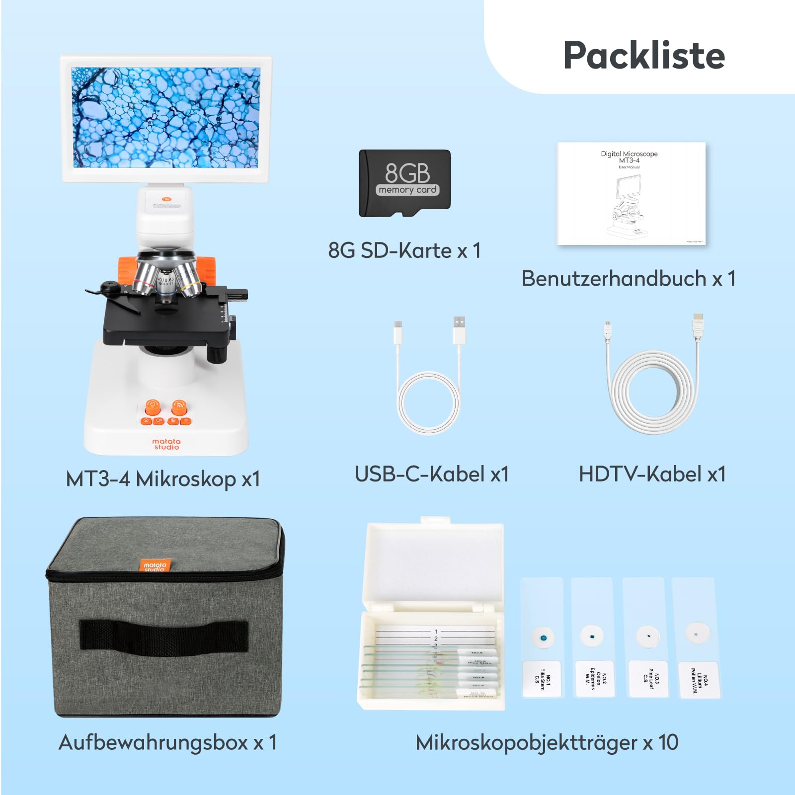USB Digitales Mikroskop für Kinder Erwachsene, MatataStudio MT3-4 1200x Professionelles Biologisches Mikroskop mit 7" 1080P Bildschirm Beweglicher Tisch Messschieber 5MP für Schule Labor