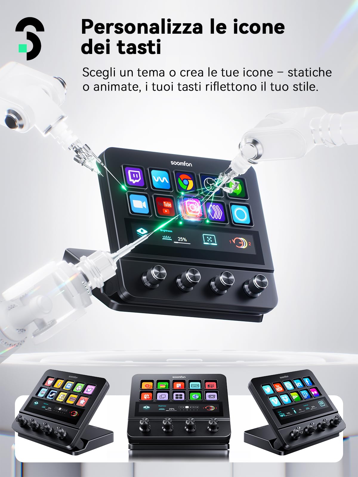 SOOMFON Stream Controller Deck, 10 Tasti Macro LCD, Touchscreen, 4 Manopole | 2 USB-A & 2 USB-C, con OBS Twitch PS Word Excel Zoom e altre app; Stream Studio Deck per Streaming Gaming Lavoro Creatività