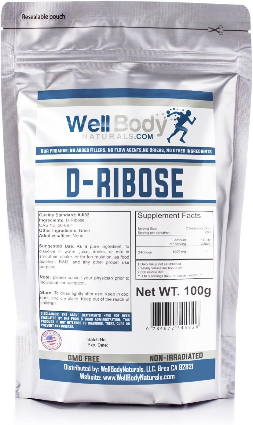 Well Body Naturals 100% Pure D-Ribose Powder 100 Grams - Pharmaceutical USP Grade