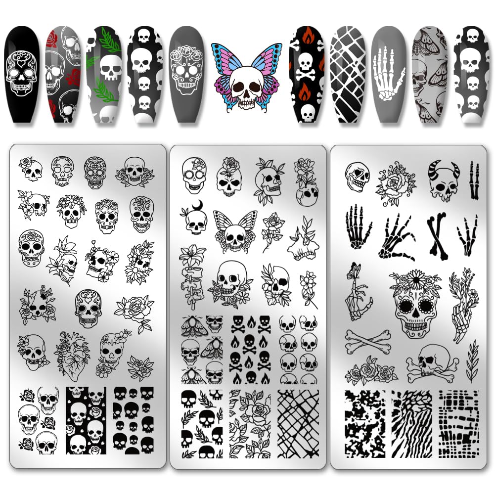 PH PandaHall 3 pz Timbro per Unghie con Teschio Gotico, 58 Modelli Scheletro Orrore Fiore Piastra per Stampaggio Unghie per Nail Design Stampa Manicure Salone Halloween