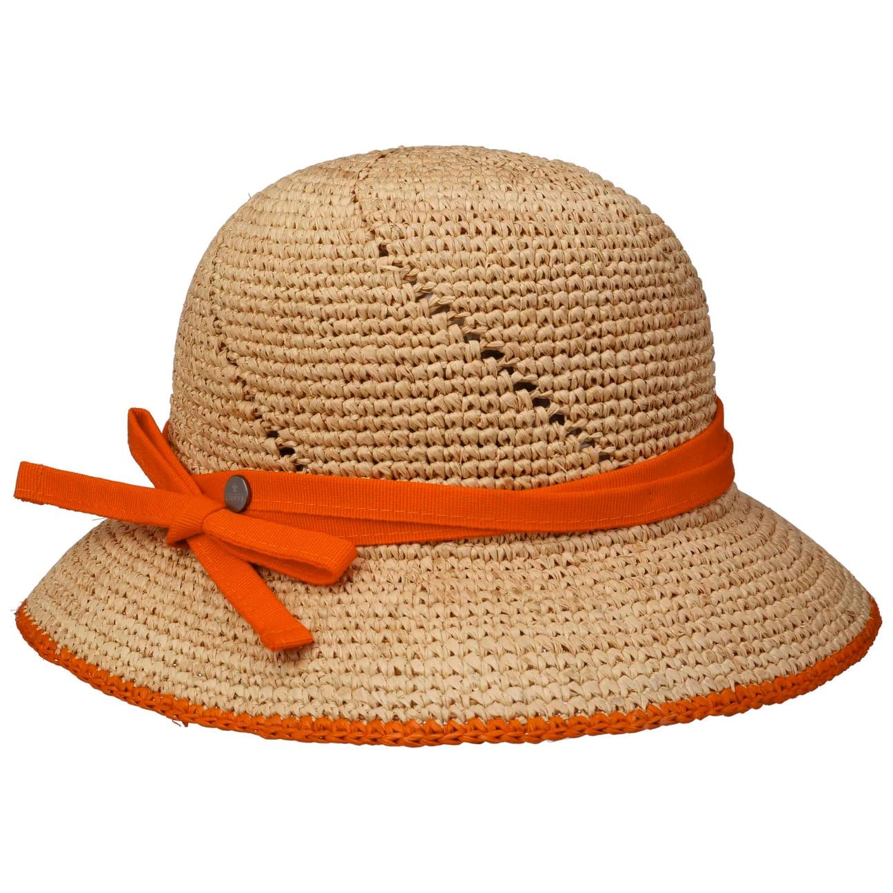 SOMBREROSHOP Anira Crochet Sombrero Cloche Paja con Lazo y Banda Textil Mujer Primavera Verano