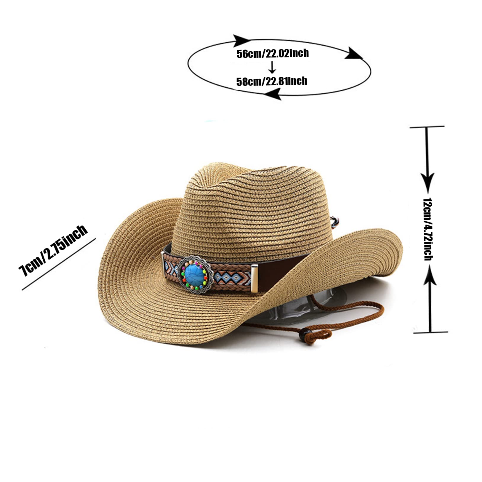 Chapeau De Cowboy En Paille Pour Femme - Style Vintage Avec Sangle De Menton Et Protection UV