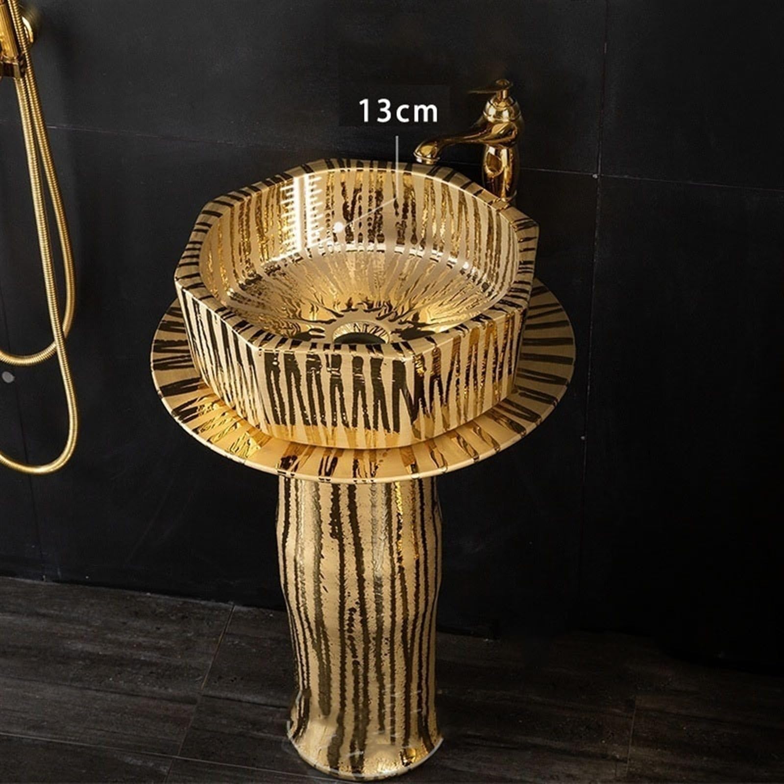 Fregadero de lavabo de pie de 3 piezas, lavabo dorado de lujo con grifo y drenaje y espejo, tamaño A, B-One Size