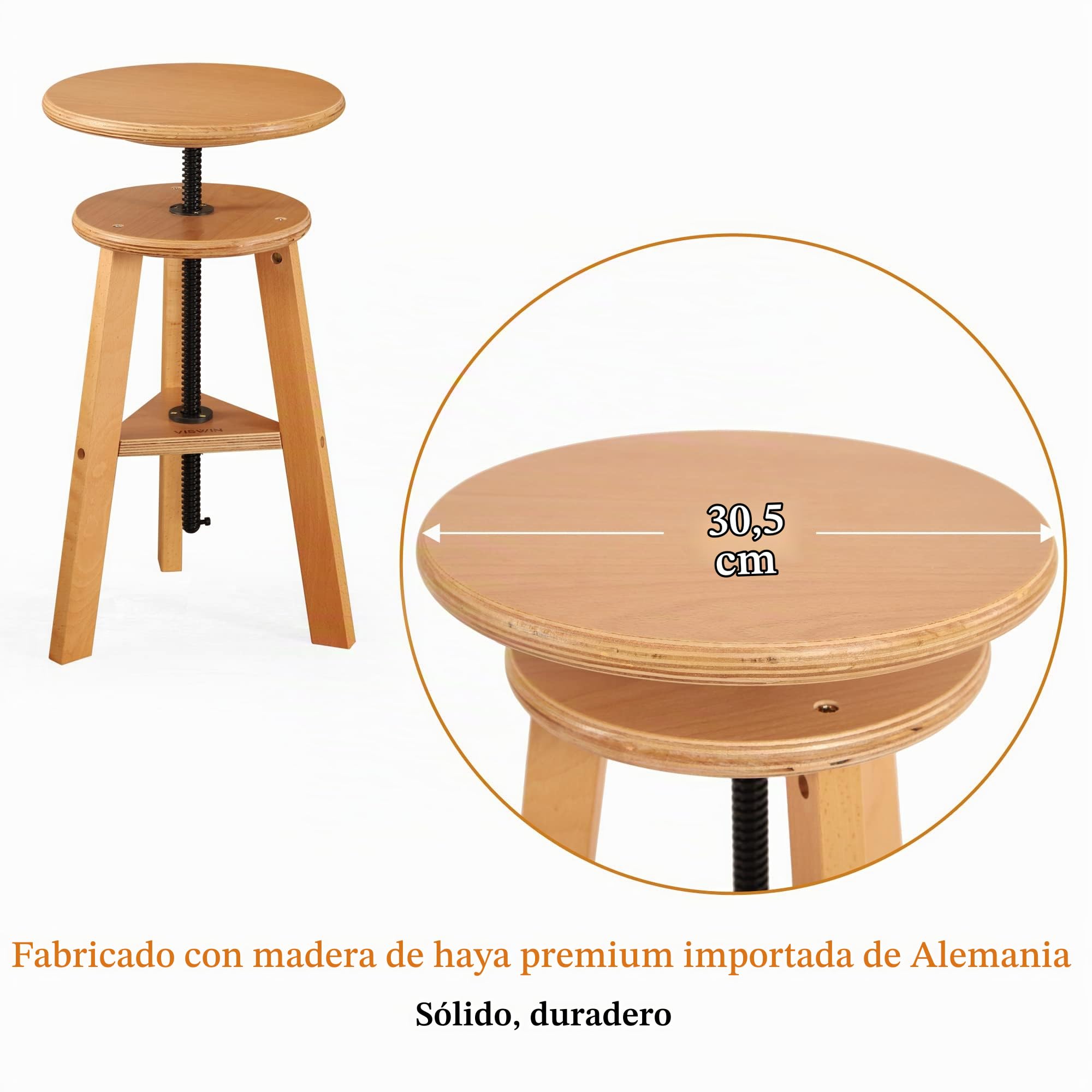 VISWIN Taburete de Madera de Haya Regulable 48-65 cm para Artistas, Pintura y Dibujo - Silla para Artstudio, Bar, Oficina