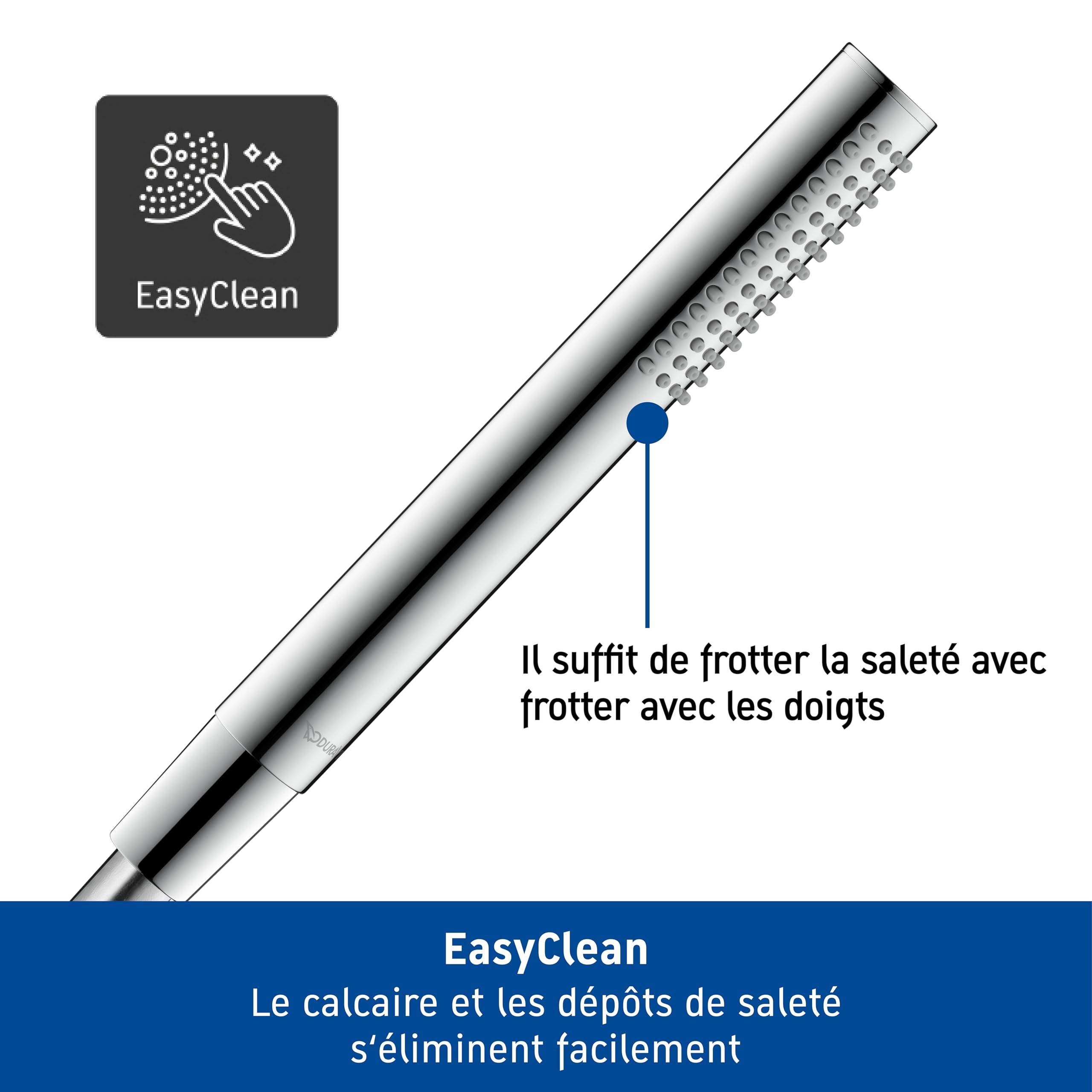 Set de douche universel Duravit, douchette ronde à économie d'eau, coude de raccordement mural, flexible de douche, chromé
