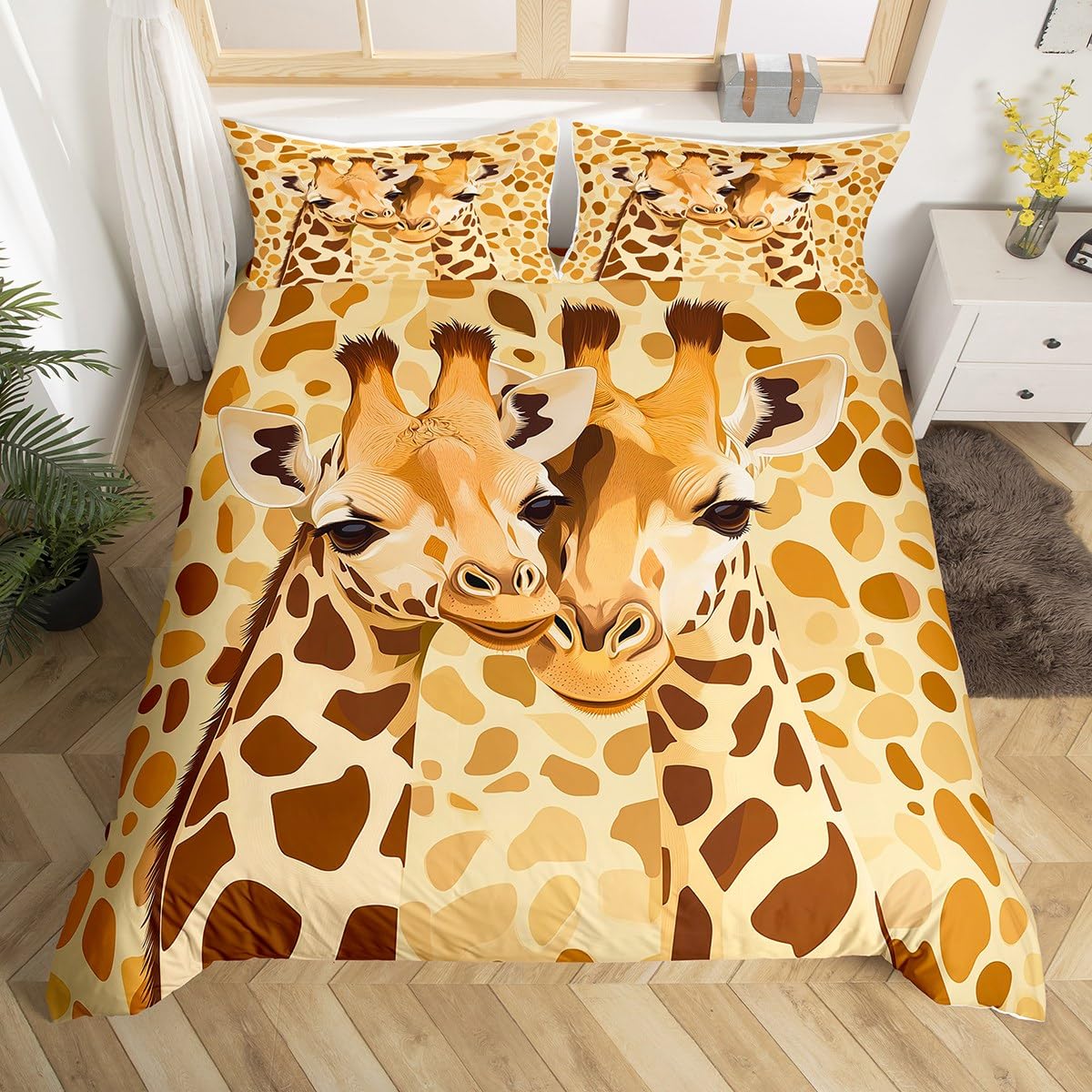 Cartoon Animals Decorations Beddding,Yellow Leopard Print Duvet Cover for All Season,Giraffe Kids Bedroom Decor Comforter Cover(No Filler) Full Size,3PCS