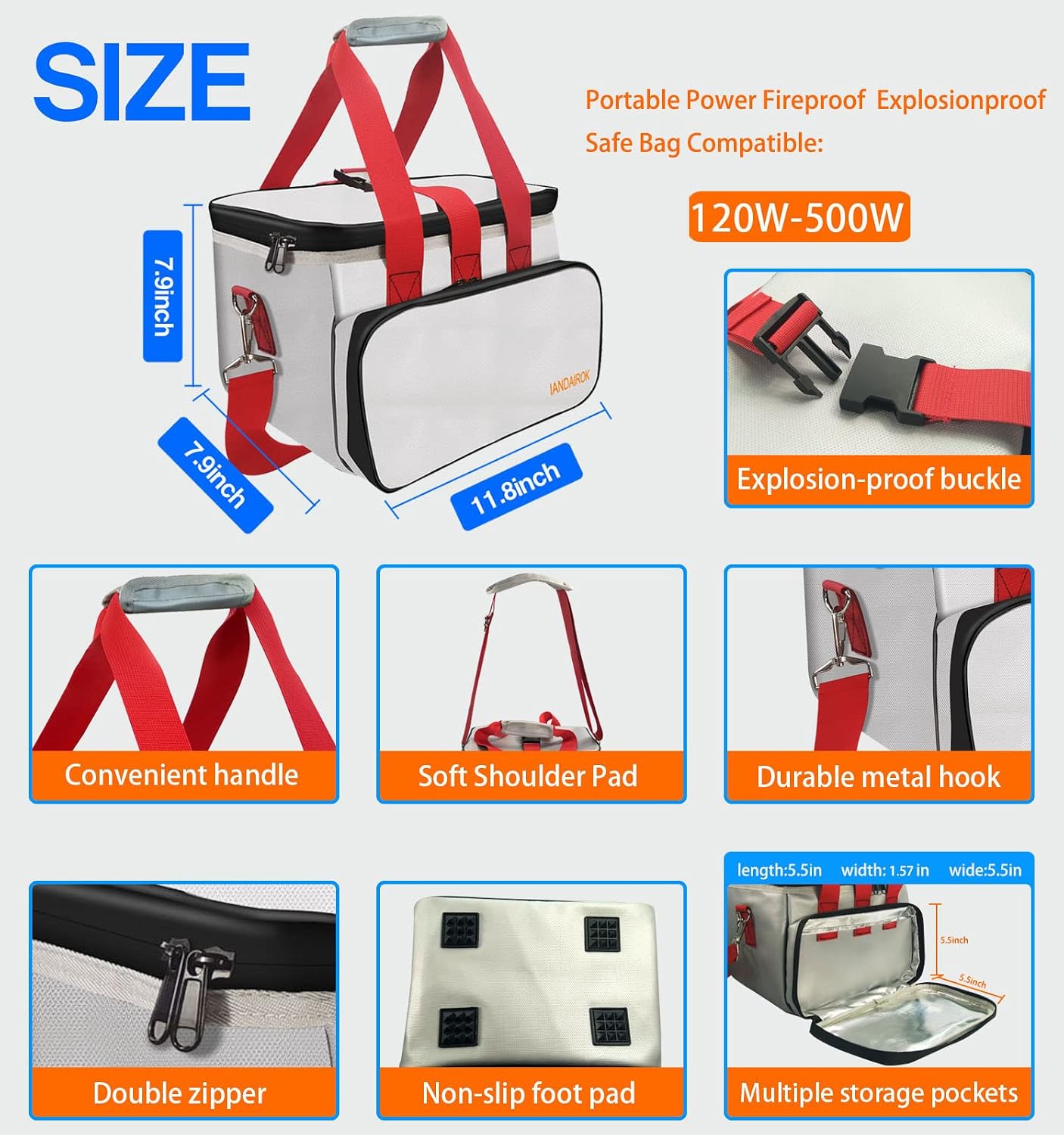 11.8"x7.9"x7.9" Portable Power Fireproof Safe Bag for mobile Power 100W-600W Outdoor Power Storage Transport and Charging, Home Office Travel Fireproof Safe Storage Pouch with handle Shoulder Strap image 2