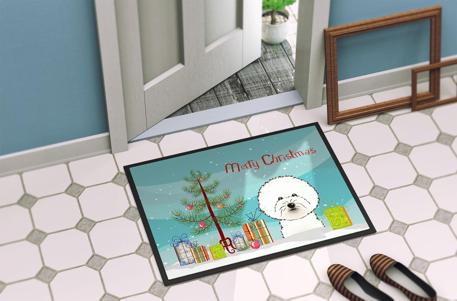 Caroline's Treasures BB1589MAT Christmas Tree and Bichon Frise Doormat 18x27 Front Door Mat Indoor Outdoor Rugs for Entryway, Non Slip Washable Low Pile, 18H X 27W