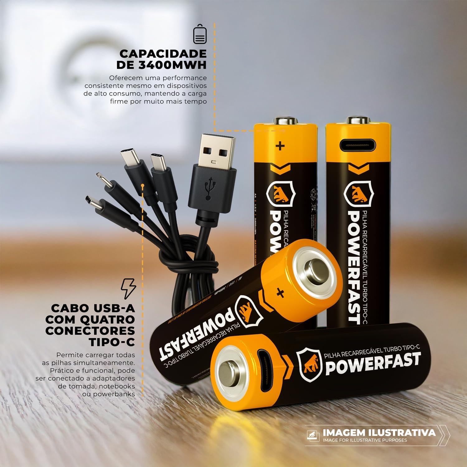 Gshield 4UN Pilha Recarregável USB-C Powerfast Carga Direta Rápida 1,5v até 1200 Ciclos (AA, 3400 mWh)